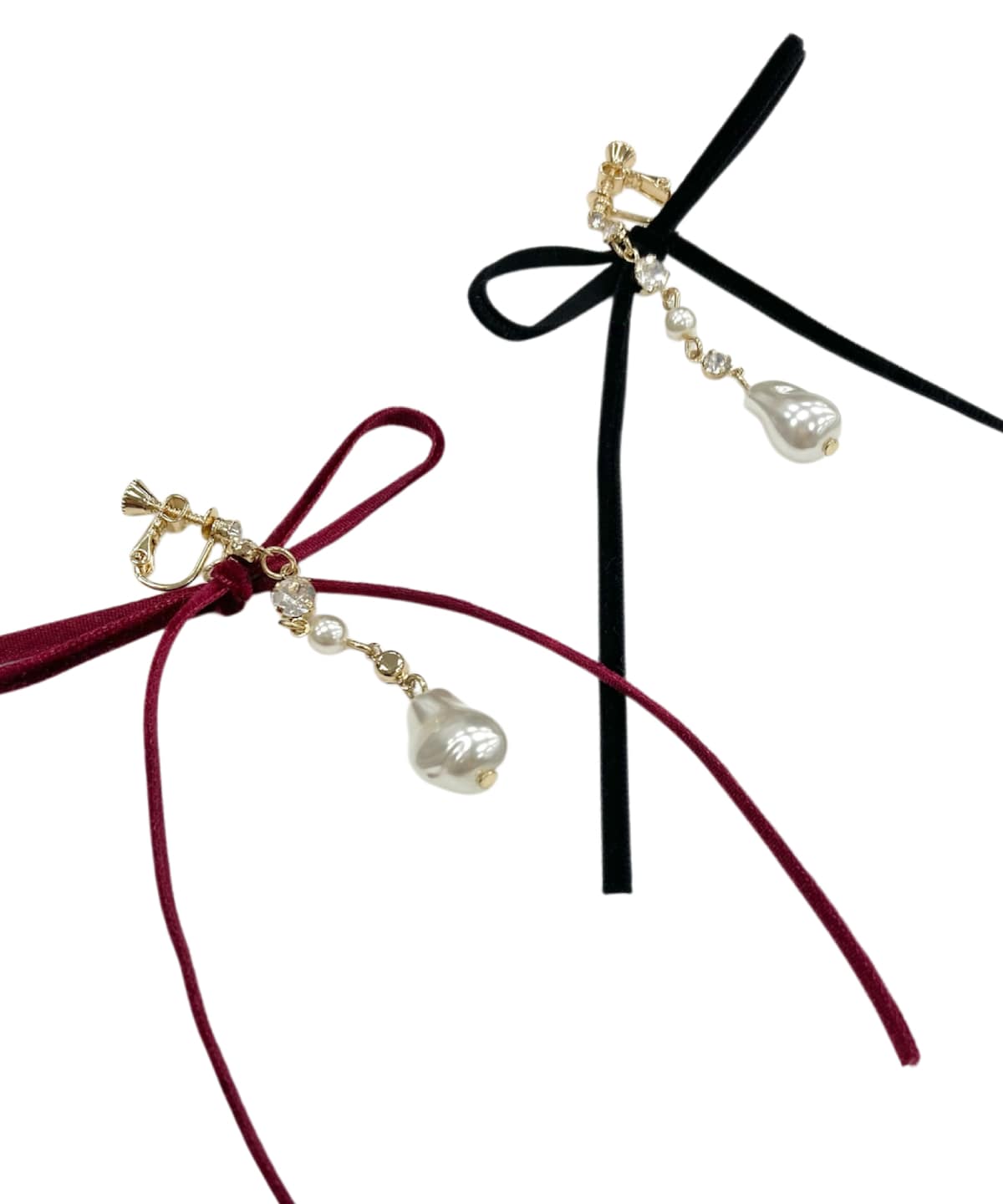 ロングベロアリボンパールイヤリング