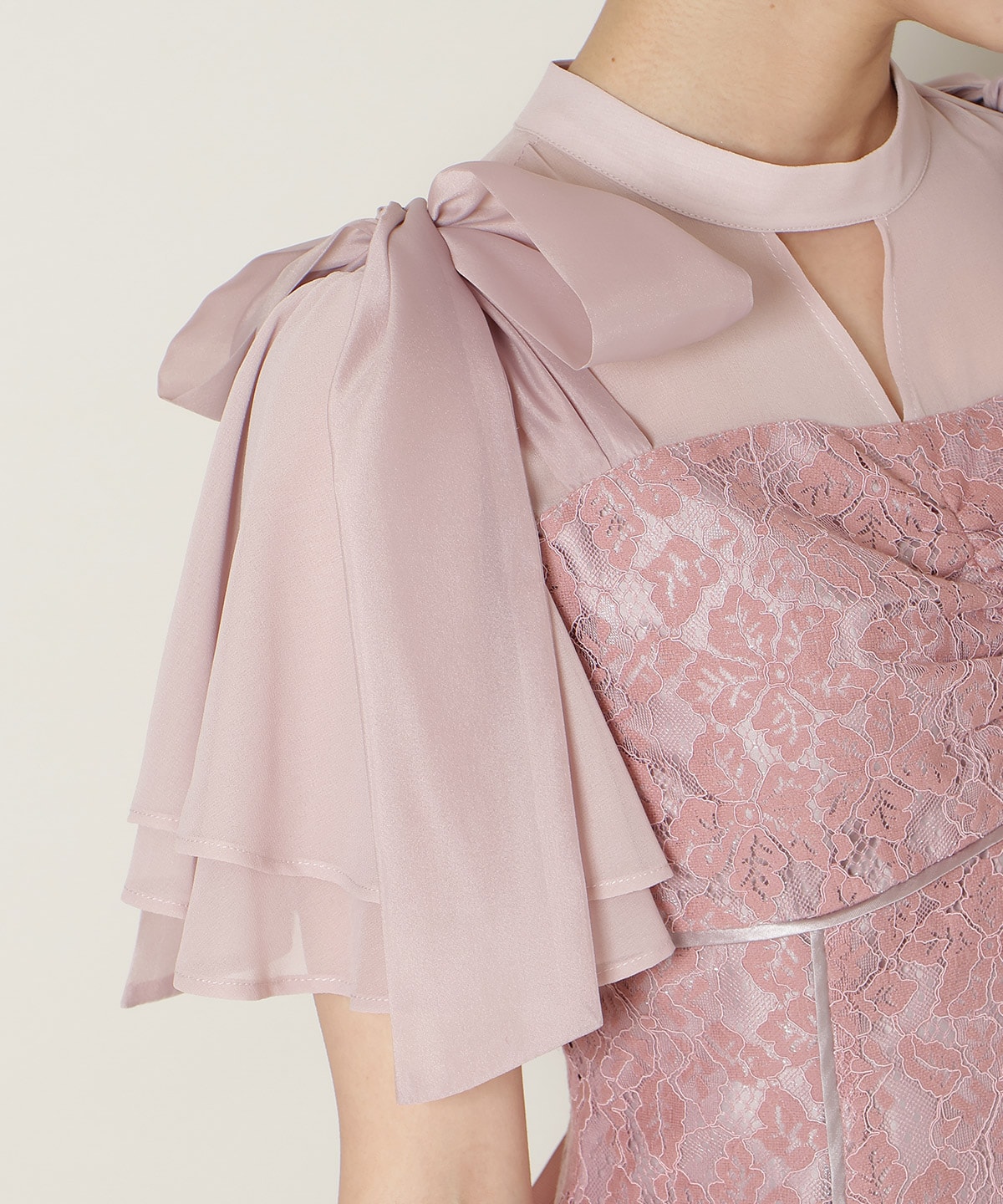 肩リボンパイピングレースワンピース