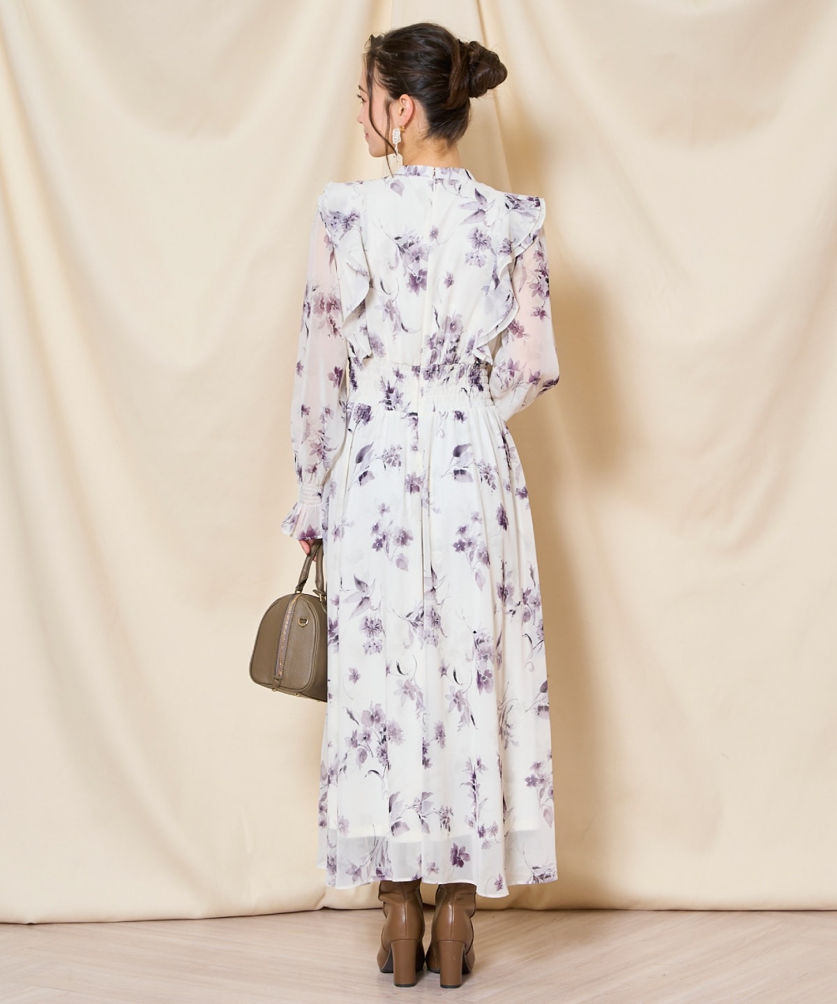 フラワープリントウエストシャーリングワンピース