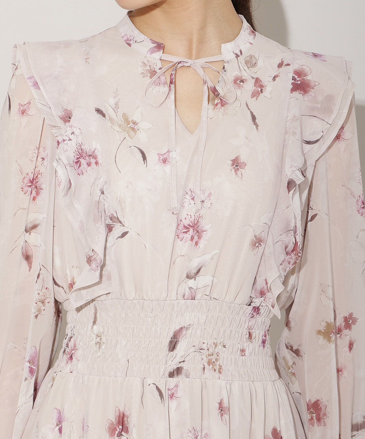 フラワープリントウエストシャーリングワンピース