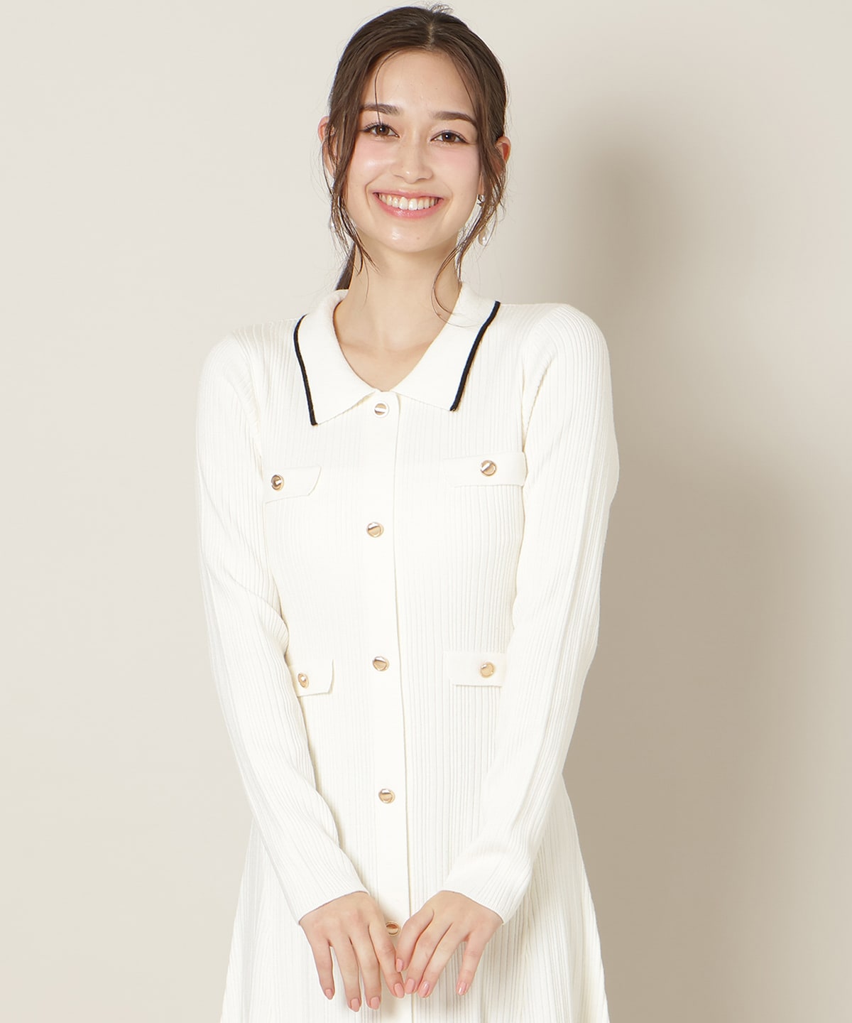 フロントボタンリボンタイニットワンピース
