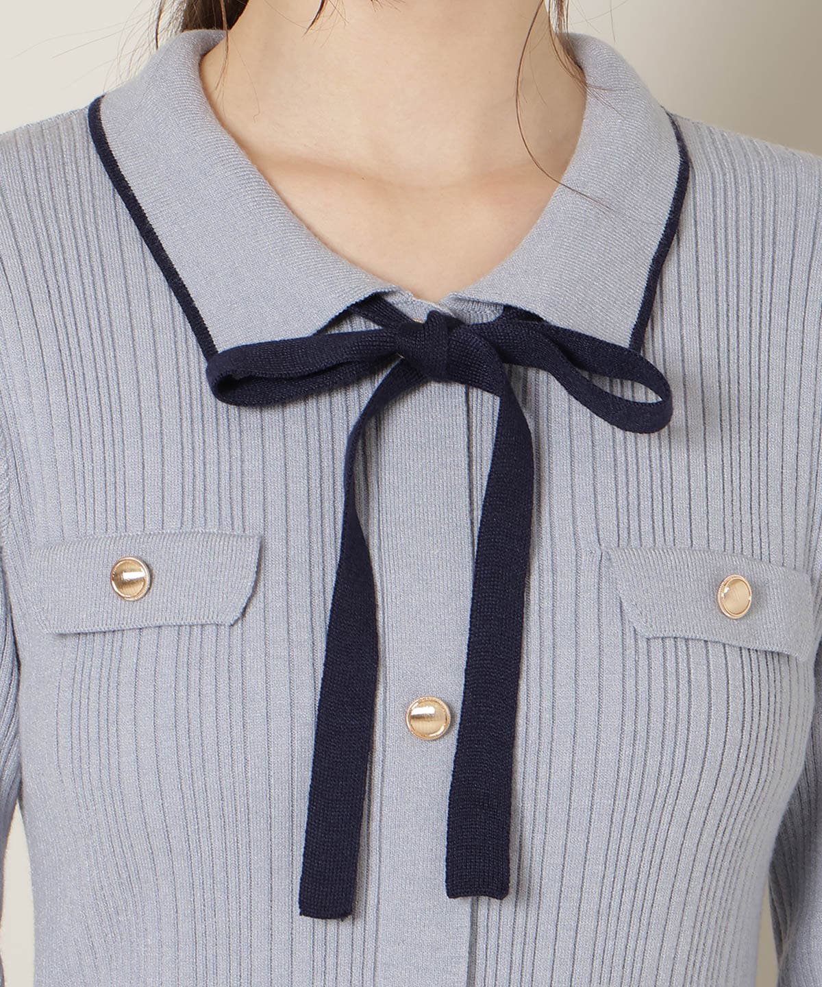 フロントボタンリボンタイニットワンピース