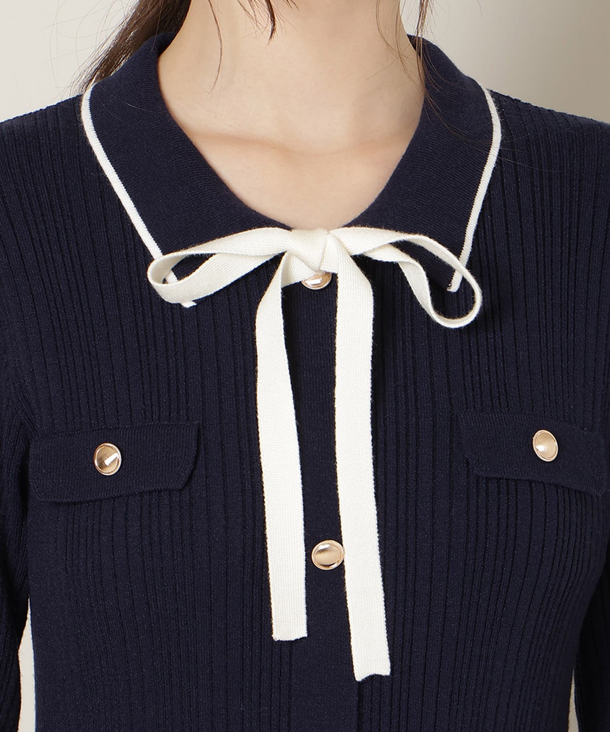 フロントボタンリボンタイニットワンピース