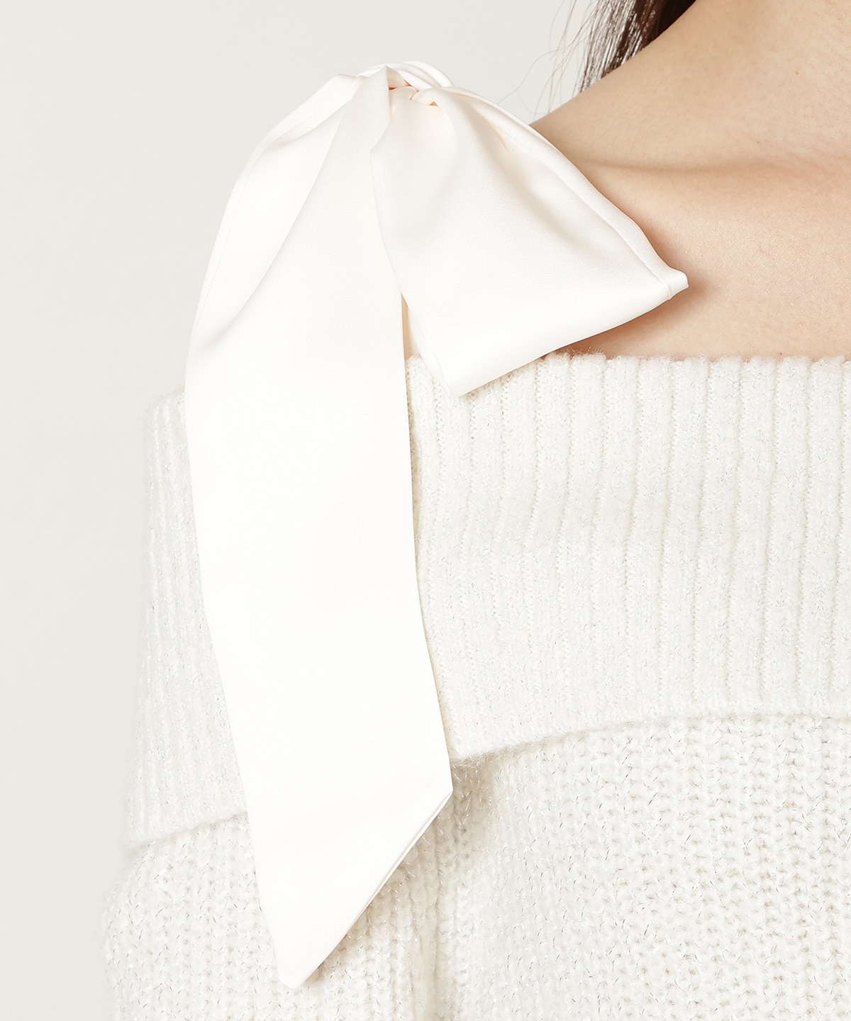 リボンショルダーオフショルニットワンピース