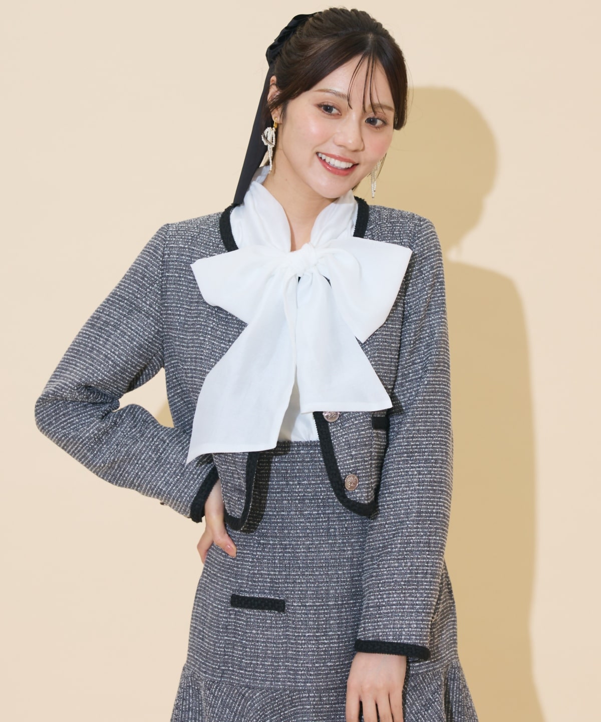 ブレードデザインノーカラーツイードジャケット