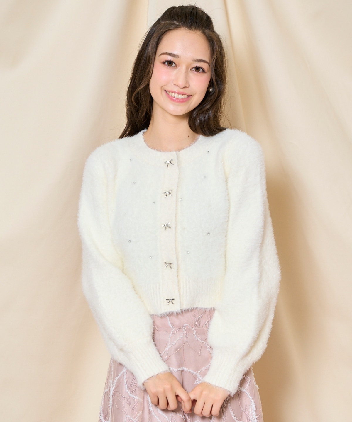 ビジューフェザーロングカーディガン アイボリー タグ付き one after another NICE CLAUP｜ビジューフェザーロングカーデ