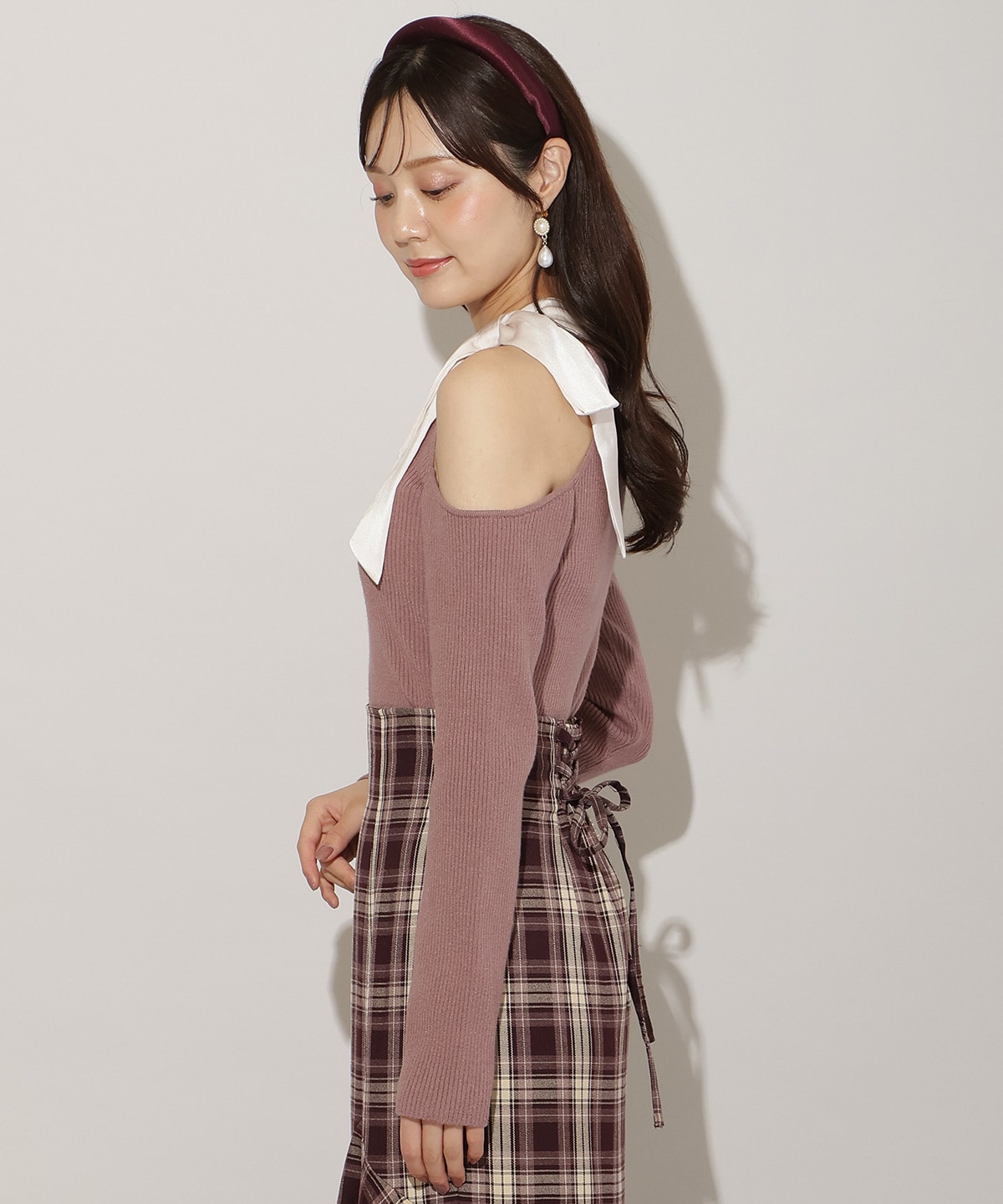 ワンショルリボンタイリブニット