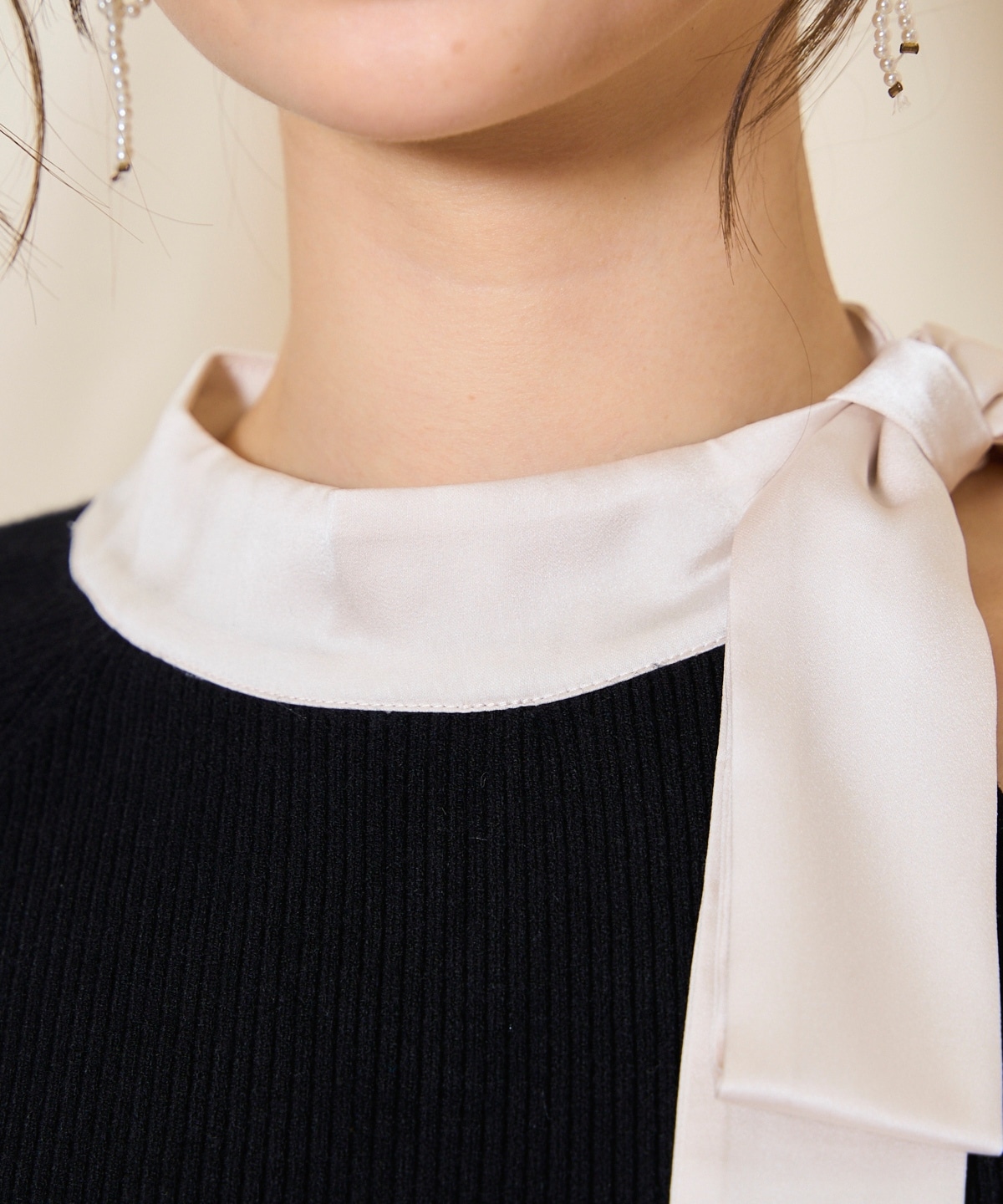 ワンショルリボンタイリブニット