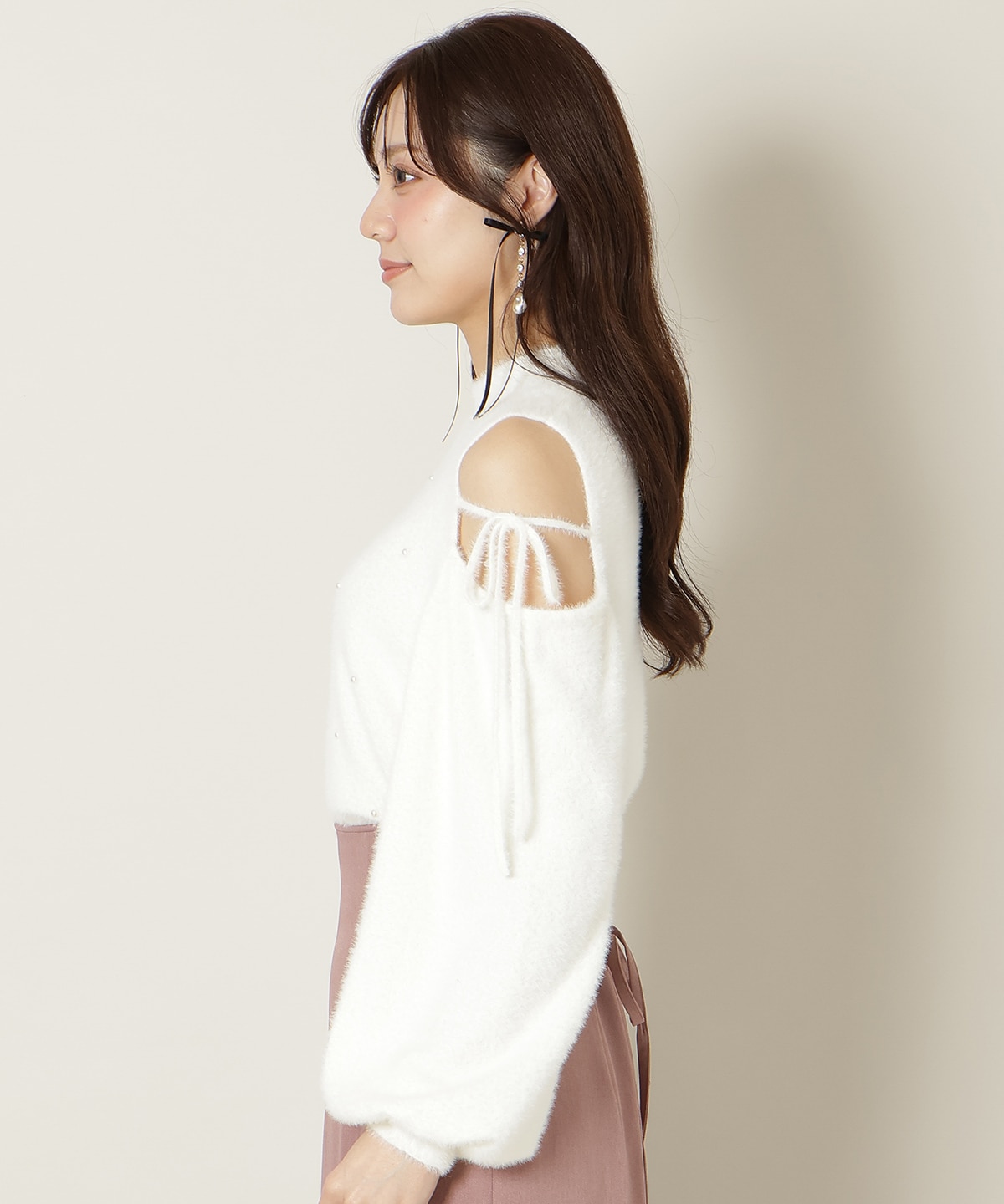 パールビジューフェザーニットトップス