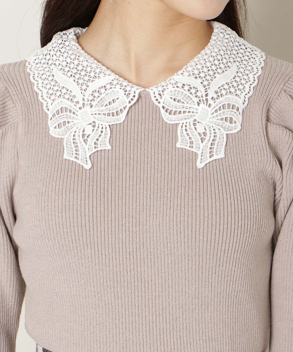 リボンレースカラータックスリーブニット