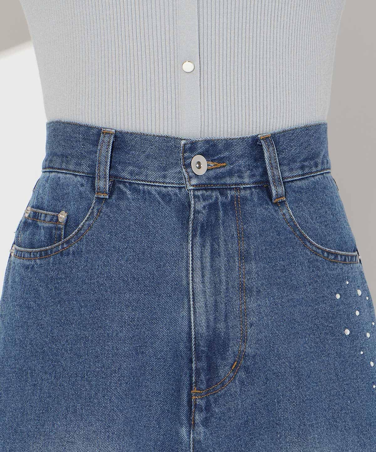 ビジューポケットワイドデニムパンツ