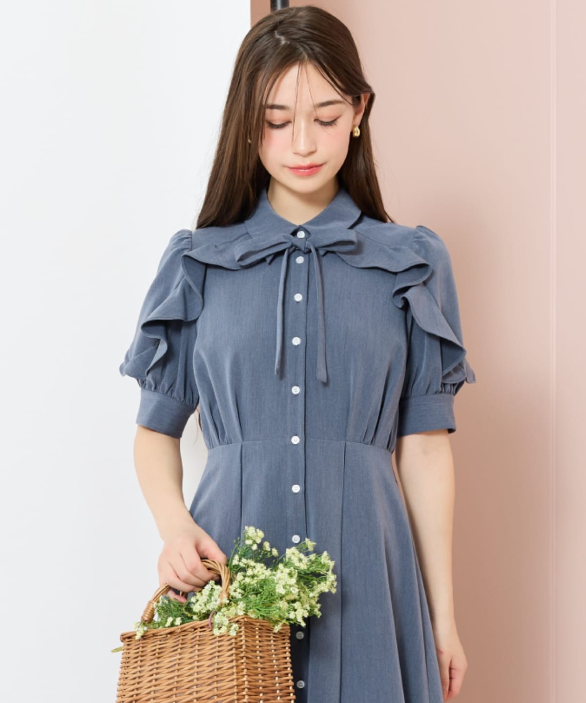 ラッフルパフスリーブシャツワンピース