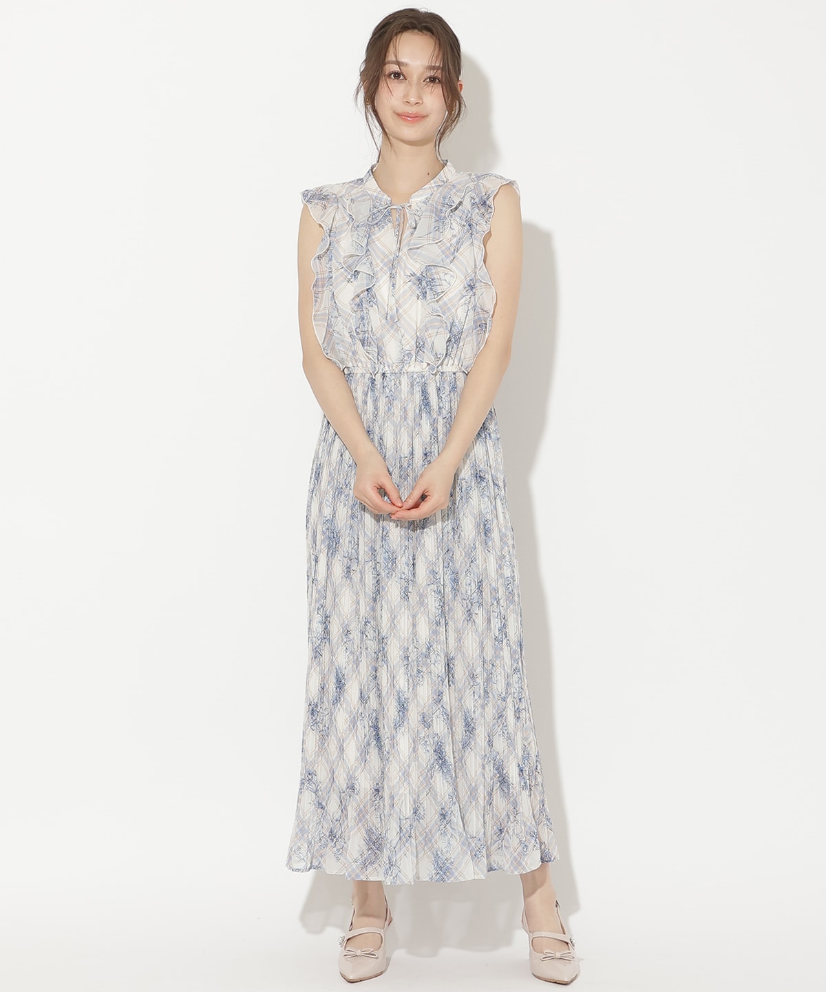 フラワーチェックプリントプリーツ切替ワンピース