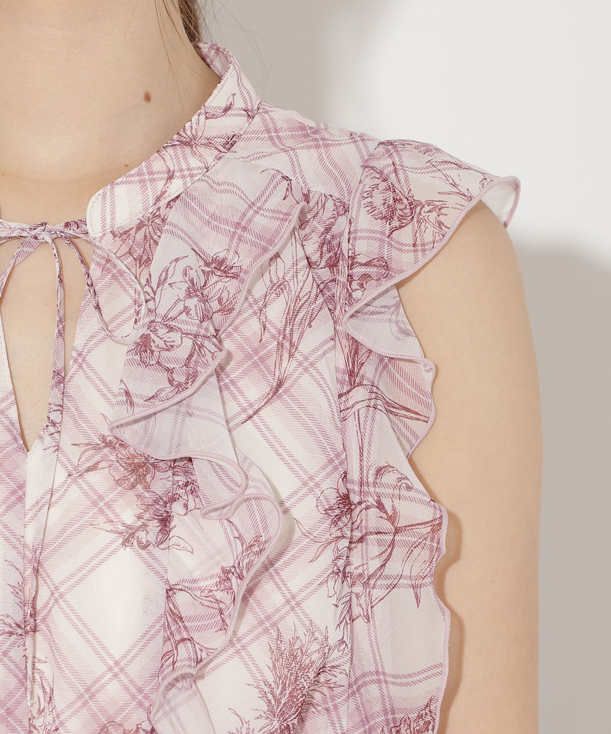 フラワーチェックプリントプリーツ切替ワンピース