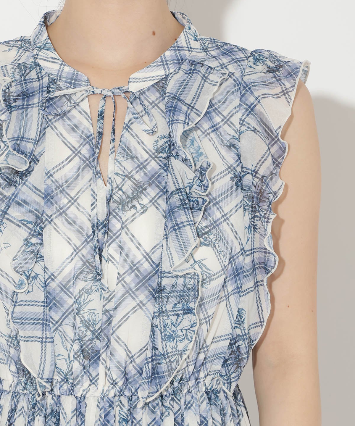 フラワーチェックプリントプリーツ切替ワンピース