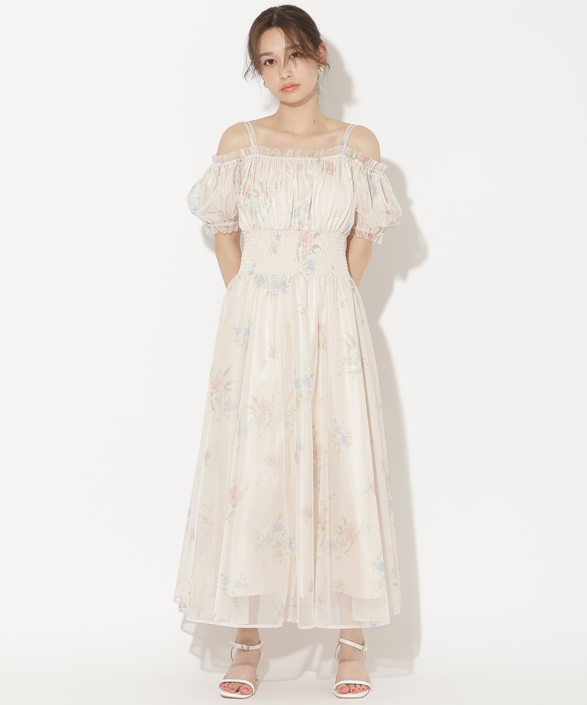 フラワーメッシュオフショルワンピース
