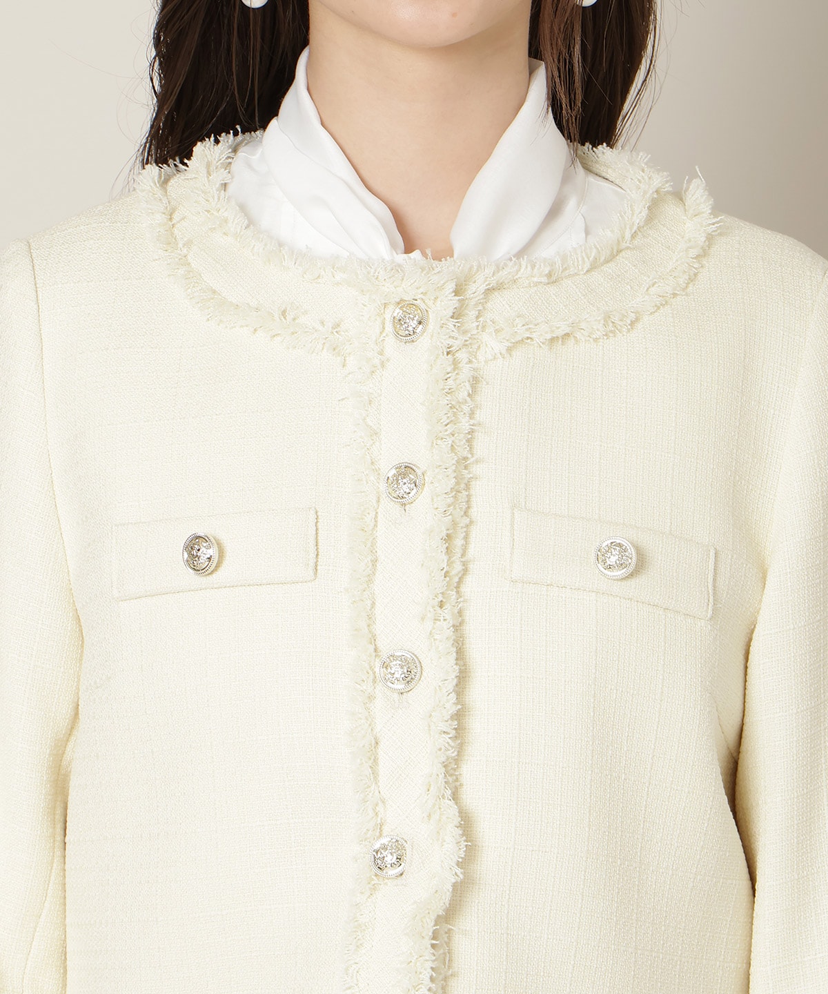 ノーカラーフリンジツイードジャケット