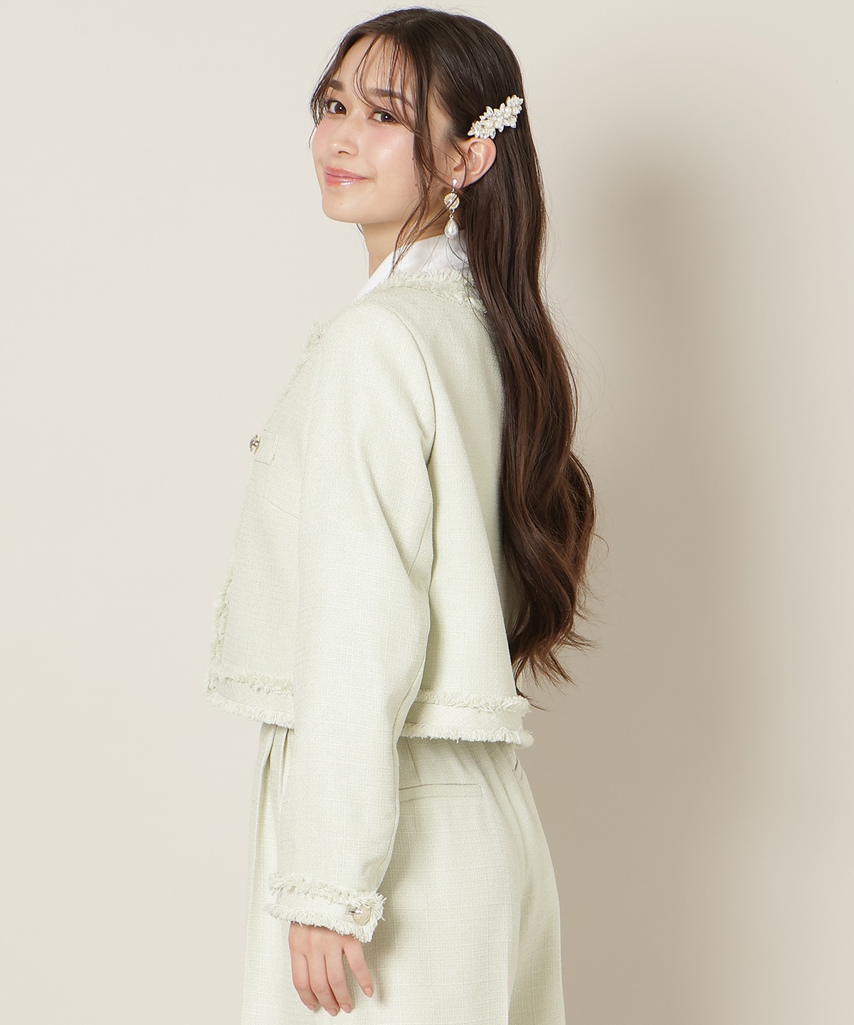 ノーカラーフリンジツイードジャケット