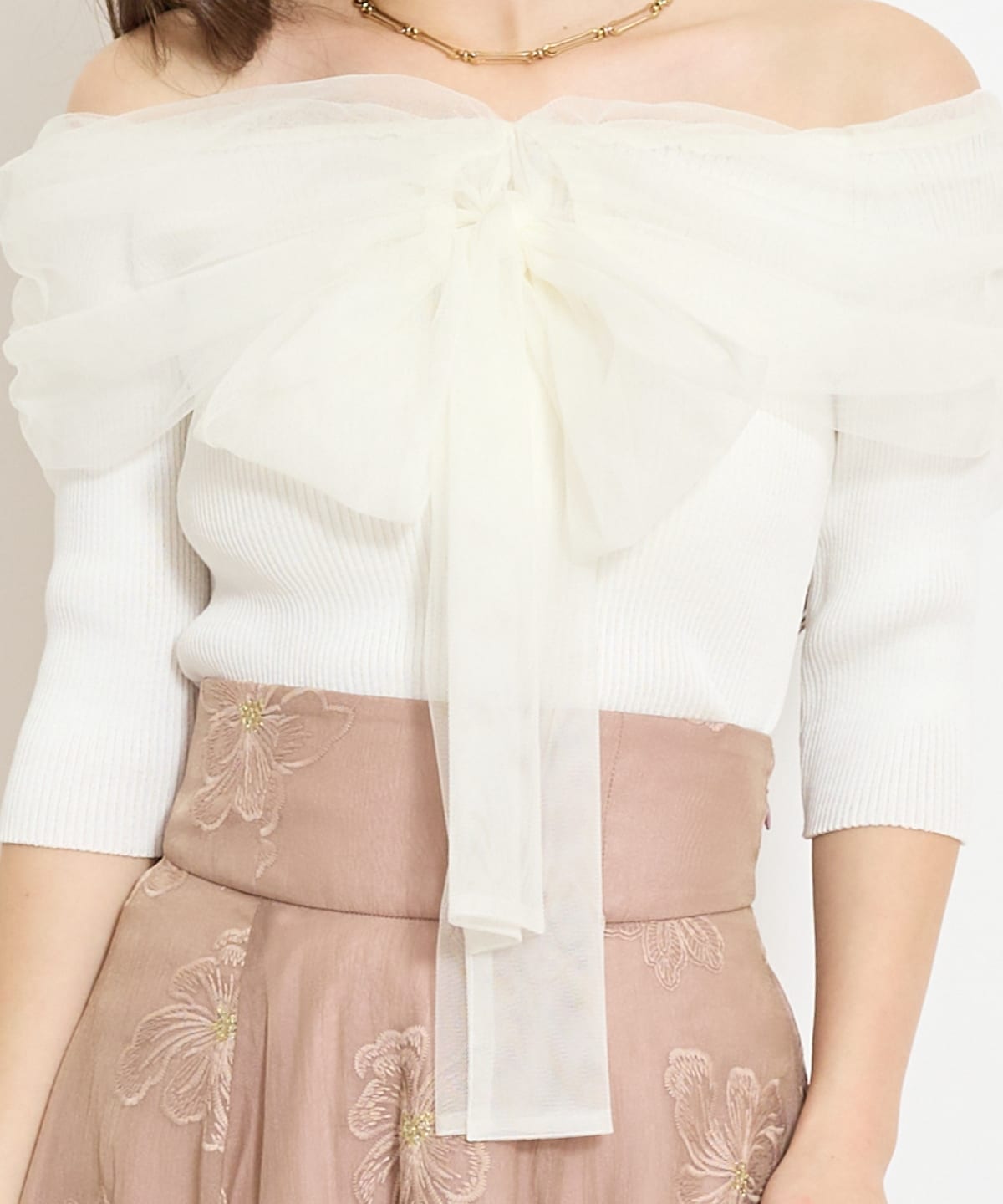 リボンチュールレイヤードリブニット