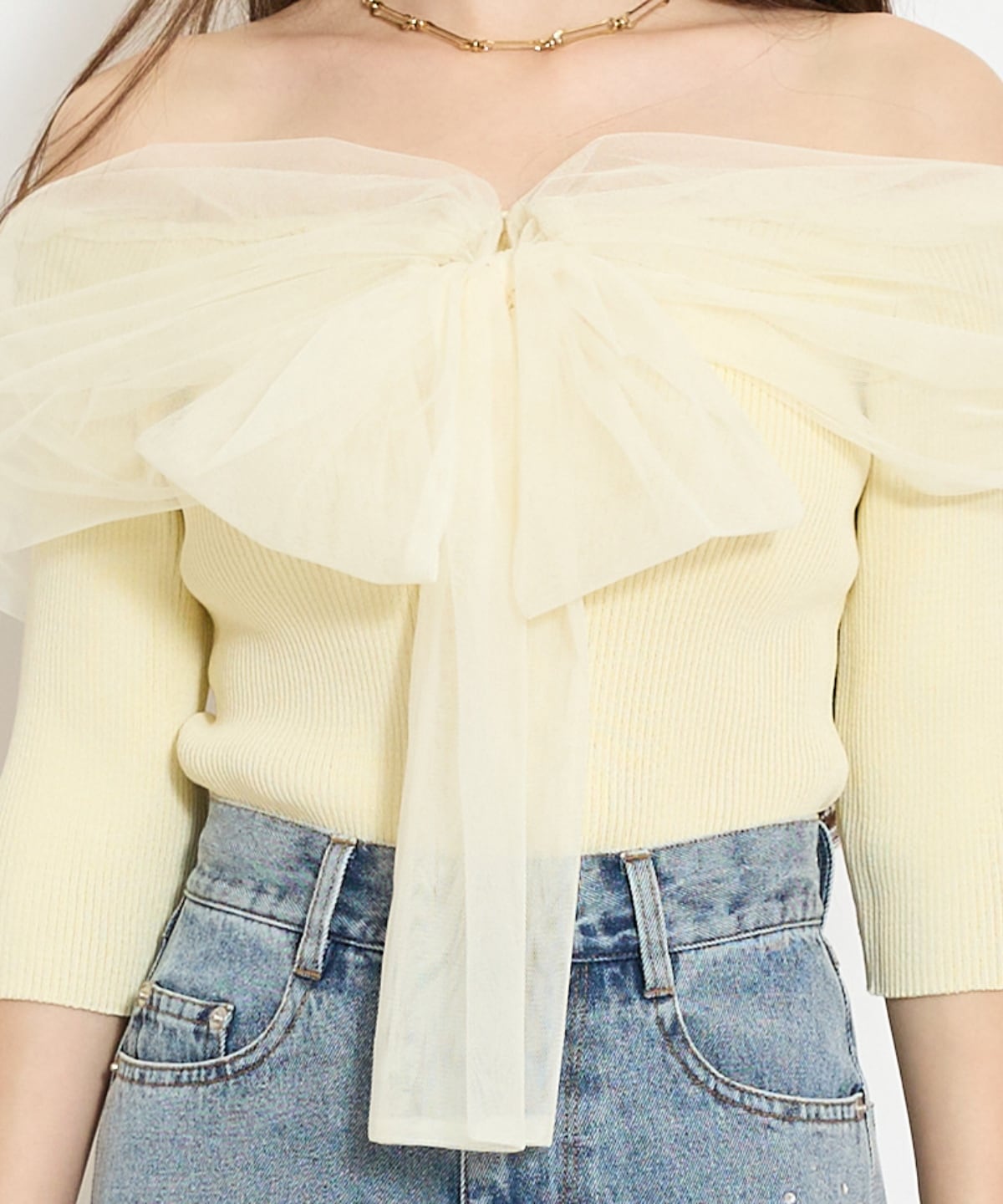 リボンチュールレイヤードリブニット