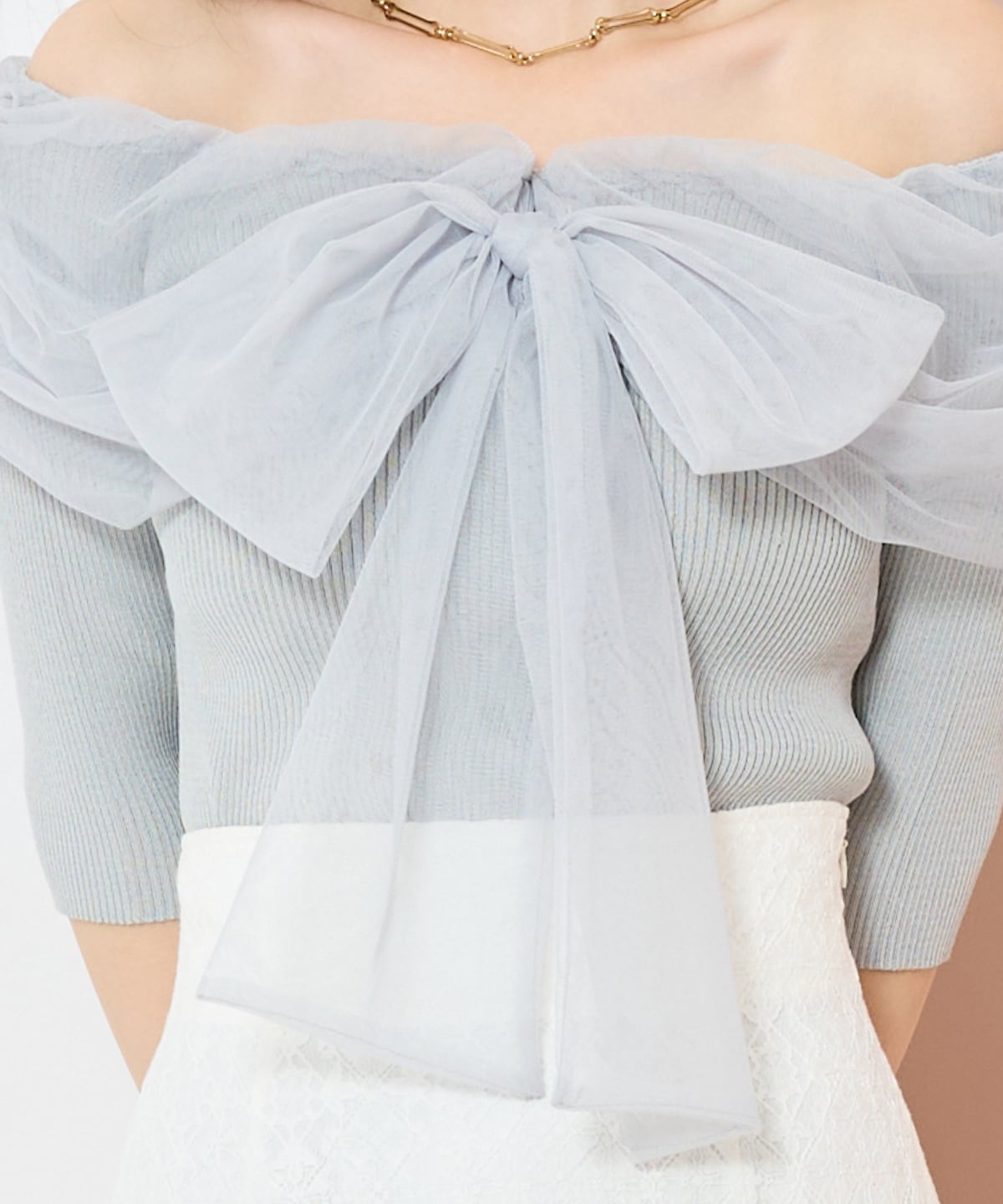 リボンチュールレイヤードリブニット