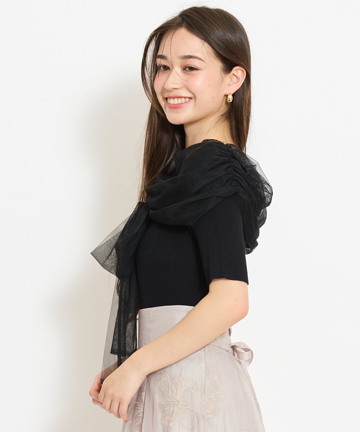 リボンチュールレイヤードリブニット