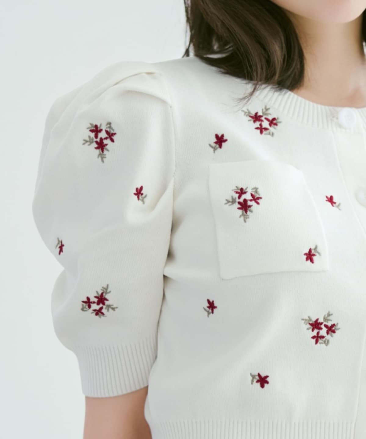 小花刺繍タックスリーブカーディガン