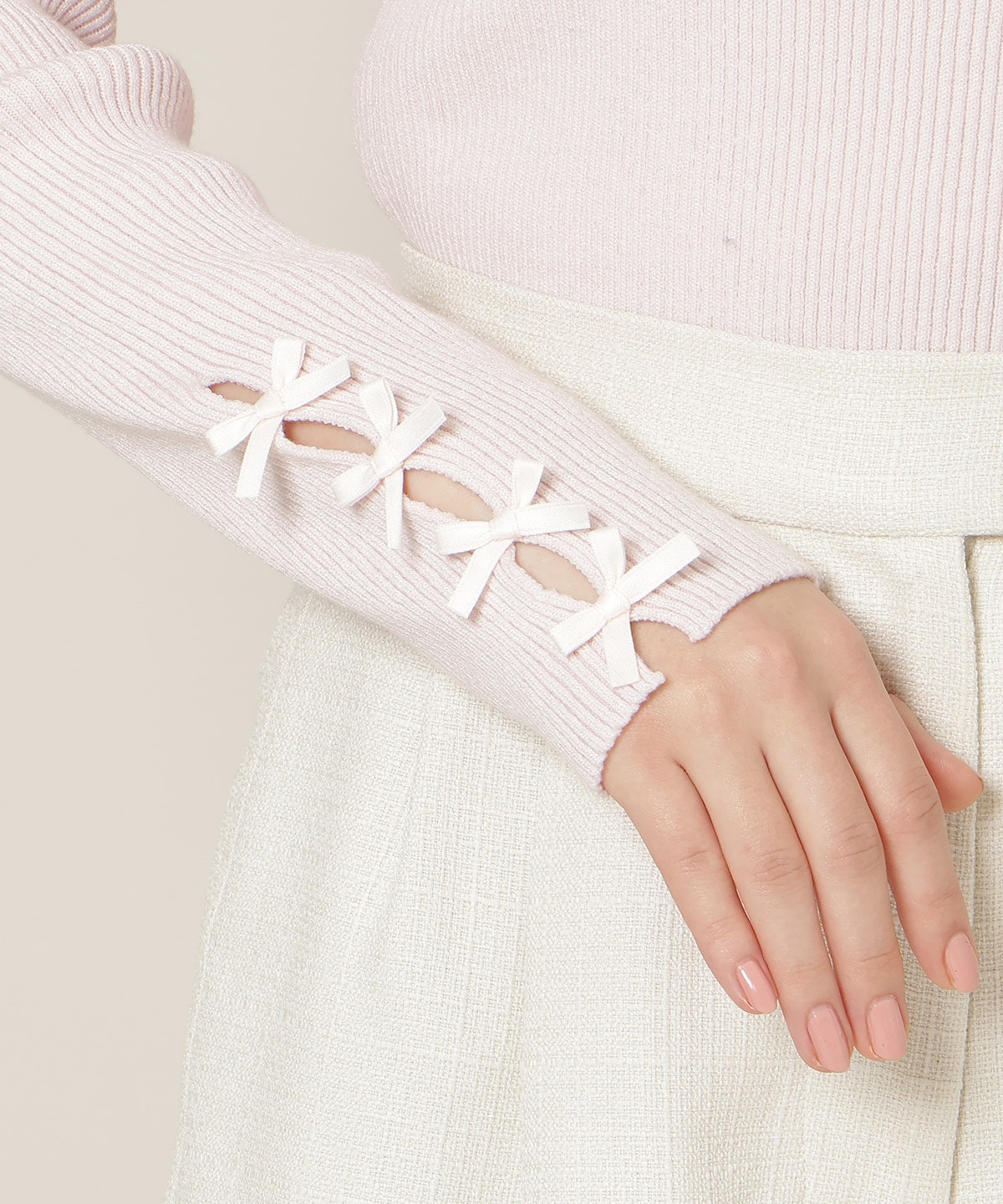 袖リボンラメリブニット