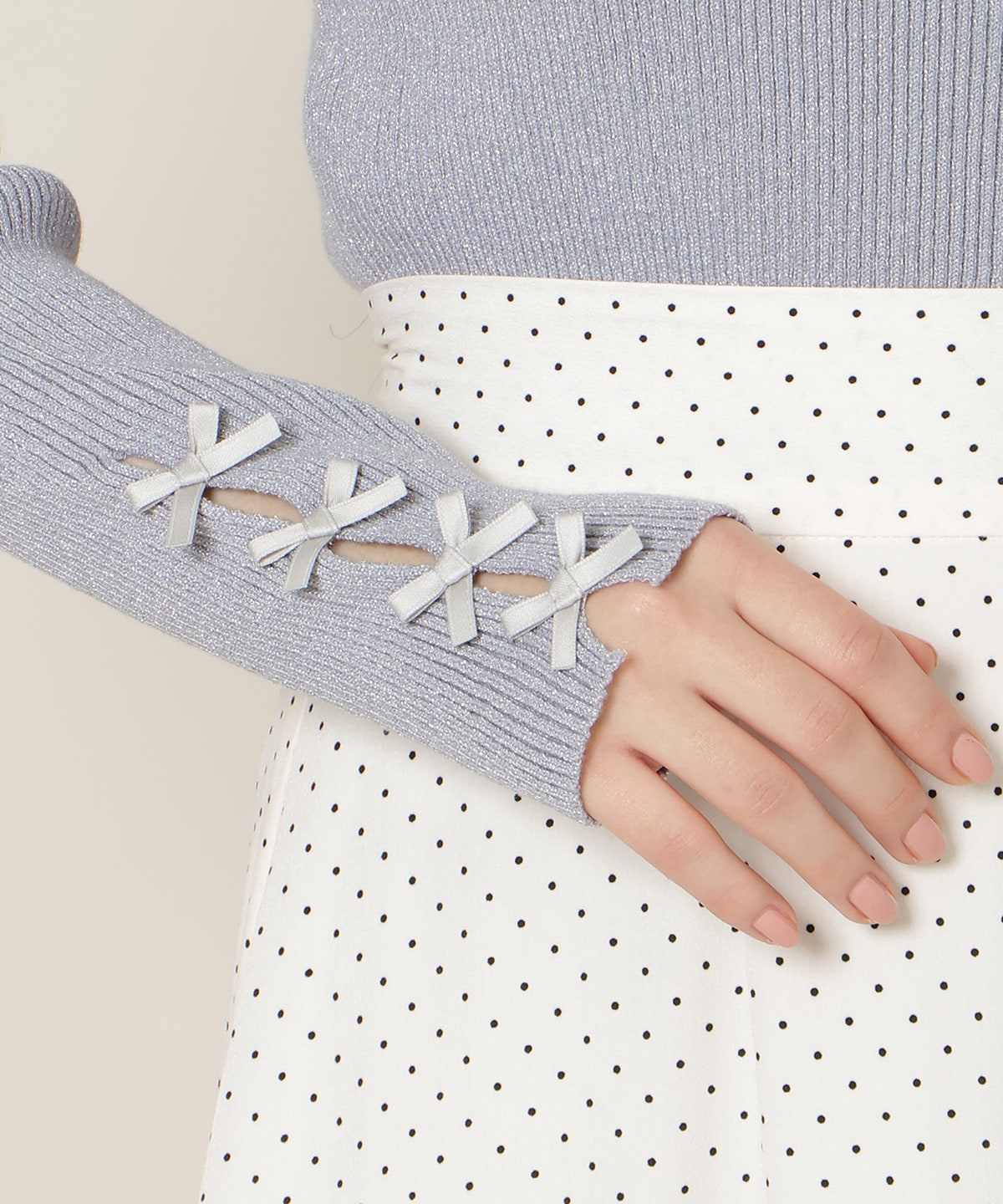 袖リボンラメリブニット