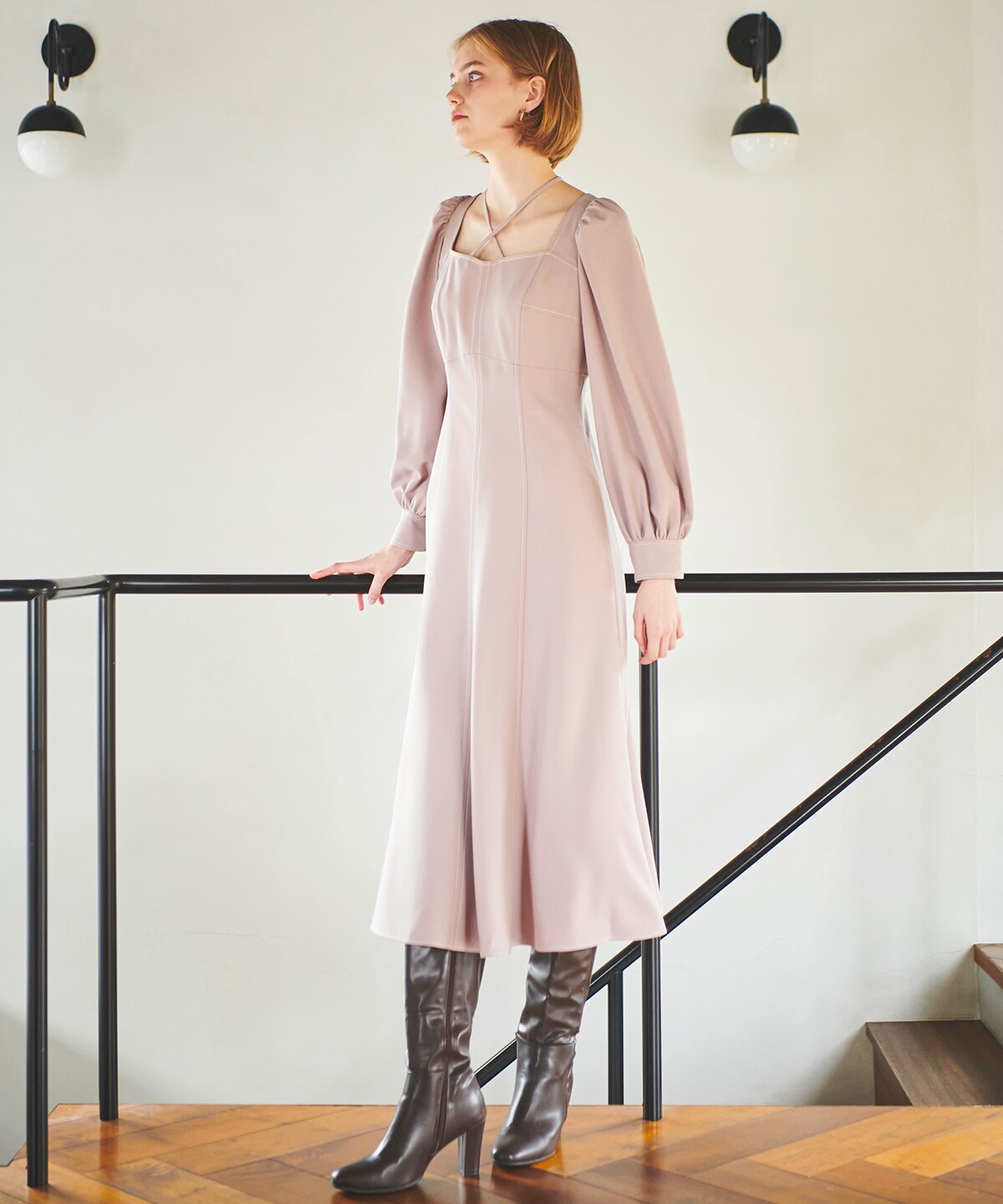 クロスネック配色ステッチワンピース(S ピンク): And Couture|公式