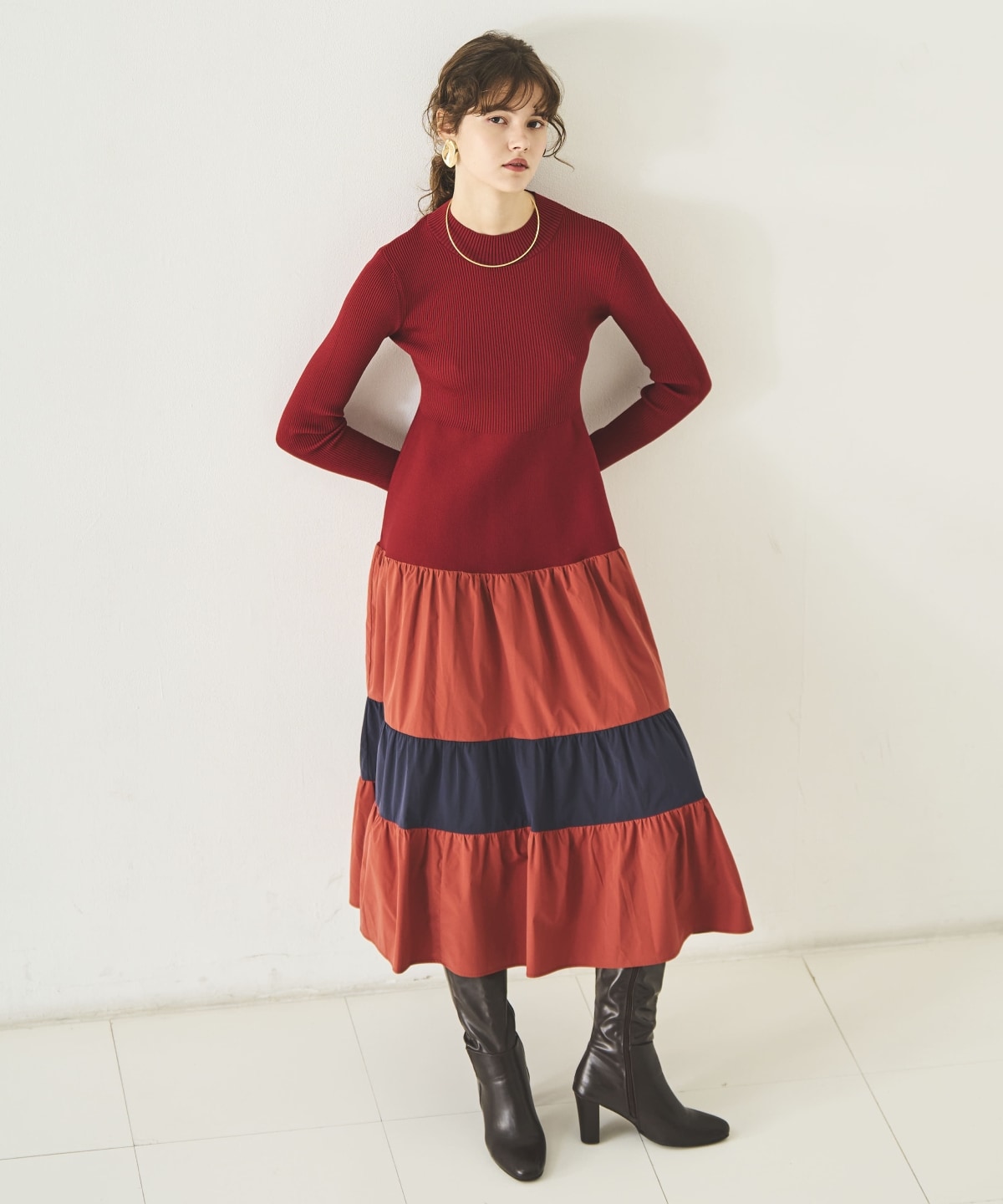 布帛ティアードドッキングワンピース