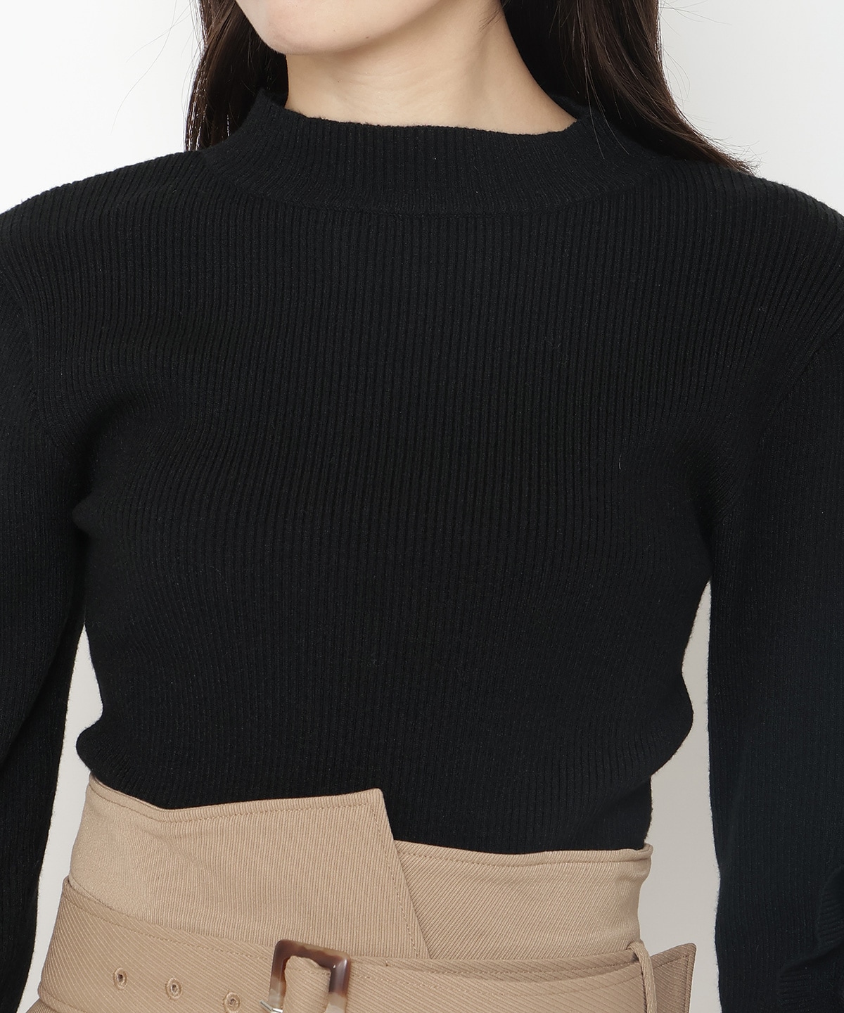 袖フリルハイネックリブニットプルオーバー