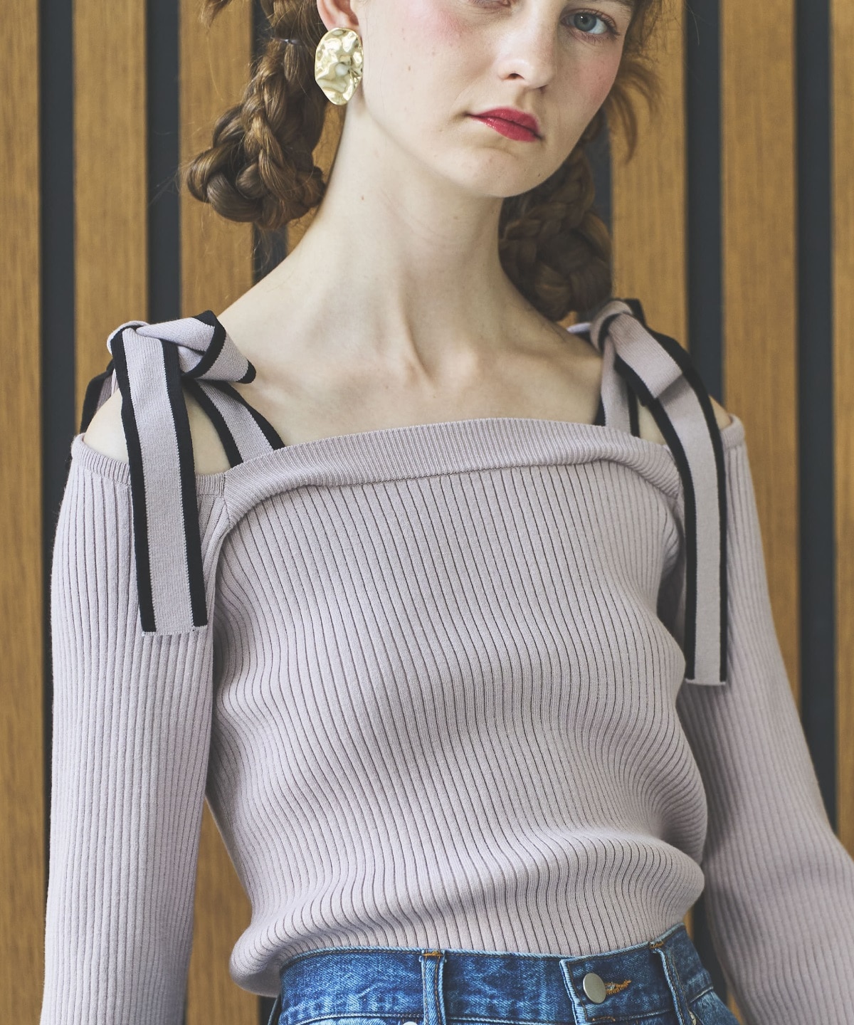 配色ショルダーリボンニットプルオーバー