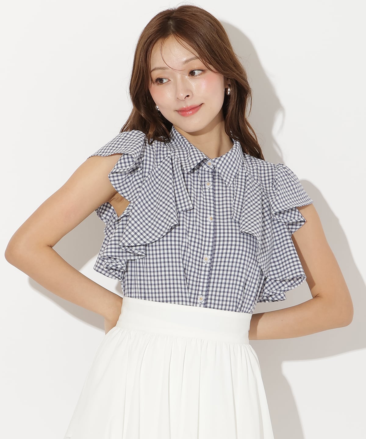 ギンガムサッカーフリルブラウス