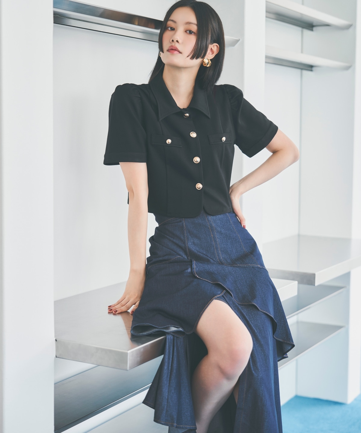 デニムライクレイヤードフリルスカート