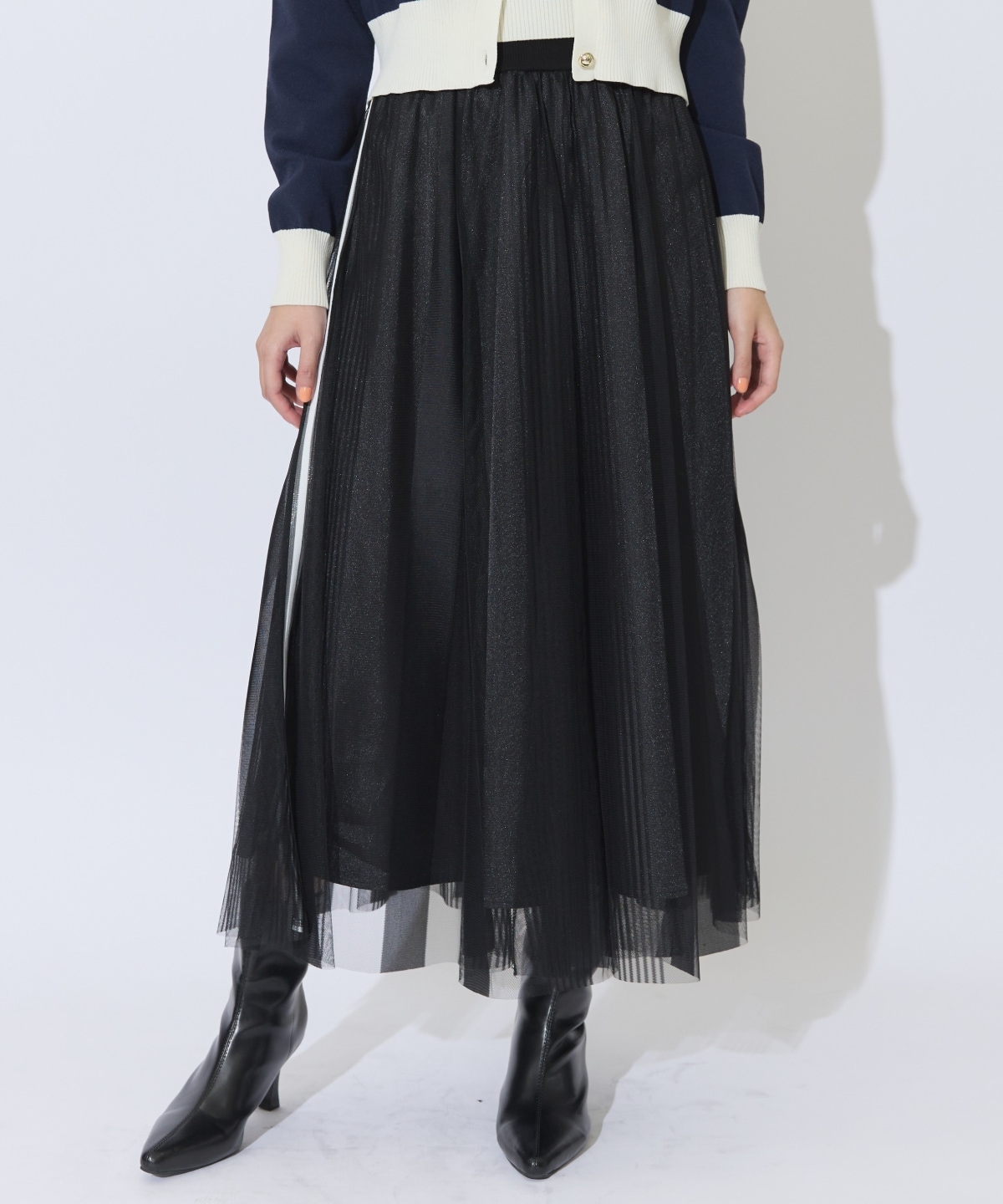 ウエストリブサイドラインストライプ×チュールロングスカート