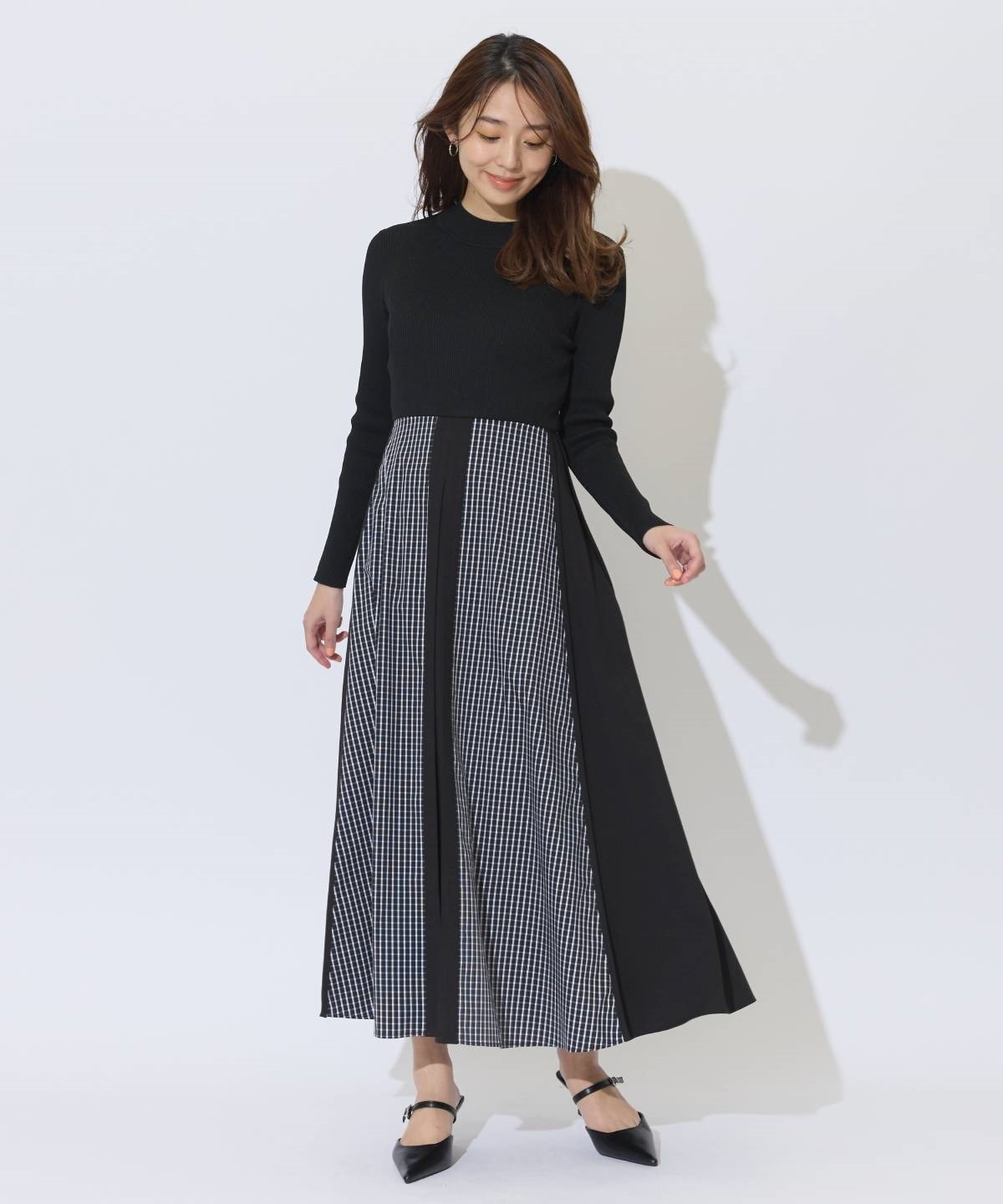 チェックドッキング配色ワンピース