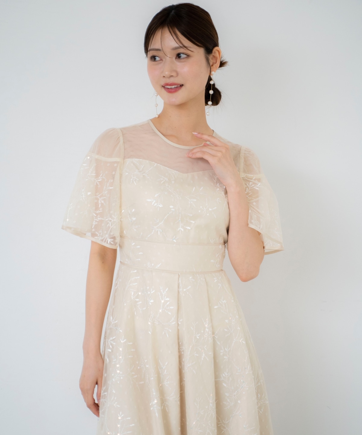 小花柄刺繍ドットチュールドレス