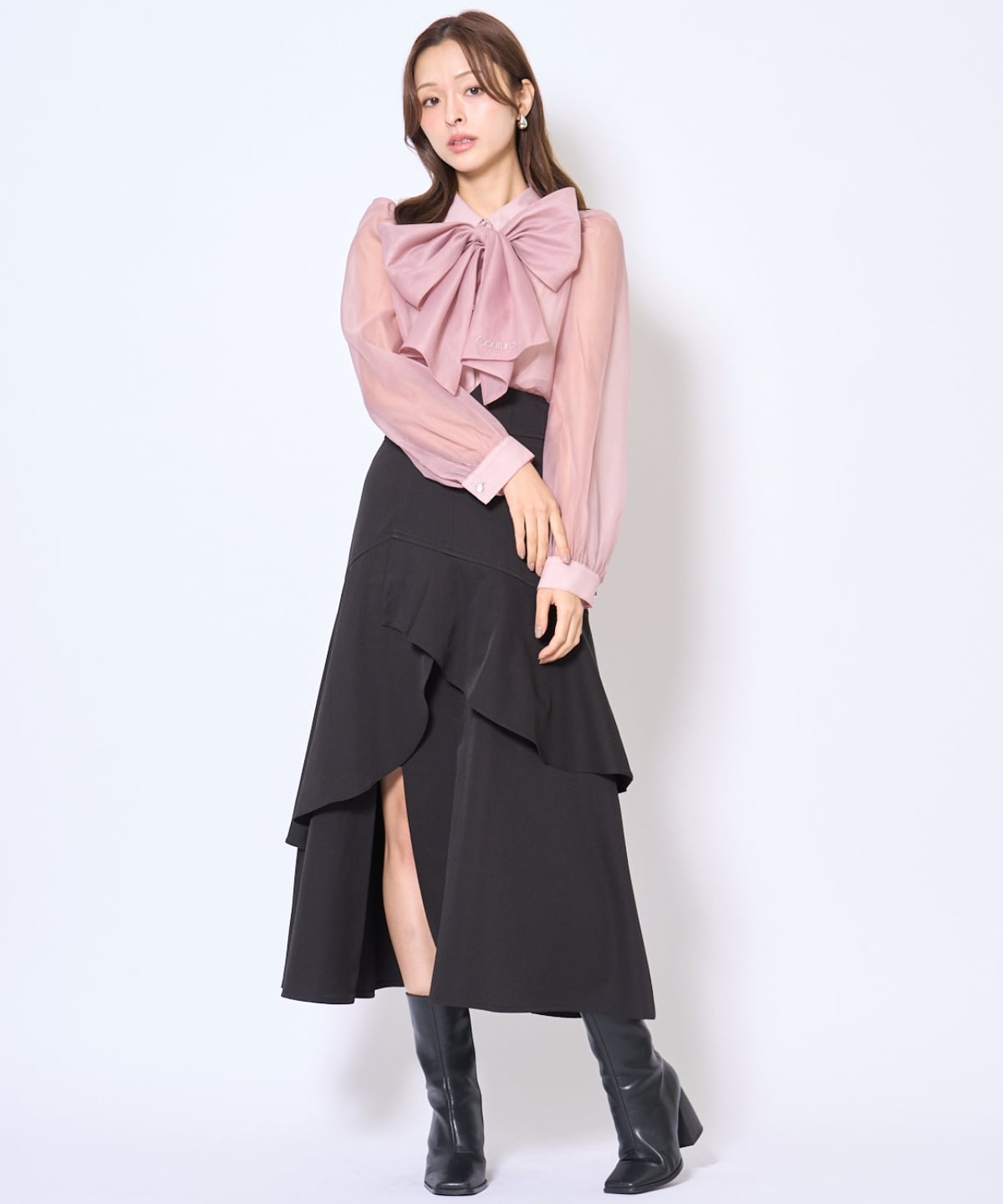 バタフライリボンシアー長袖ブラウス