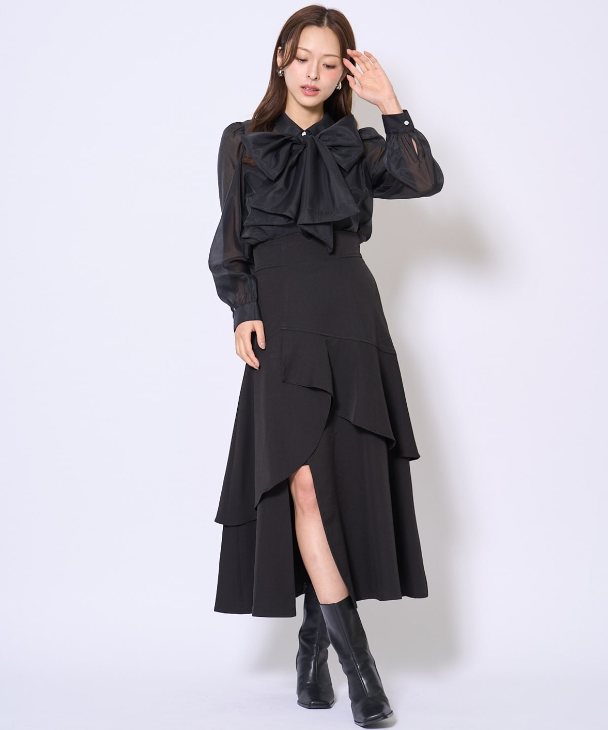 バタフライリボンシアー長袖ブラウス