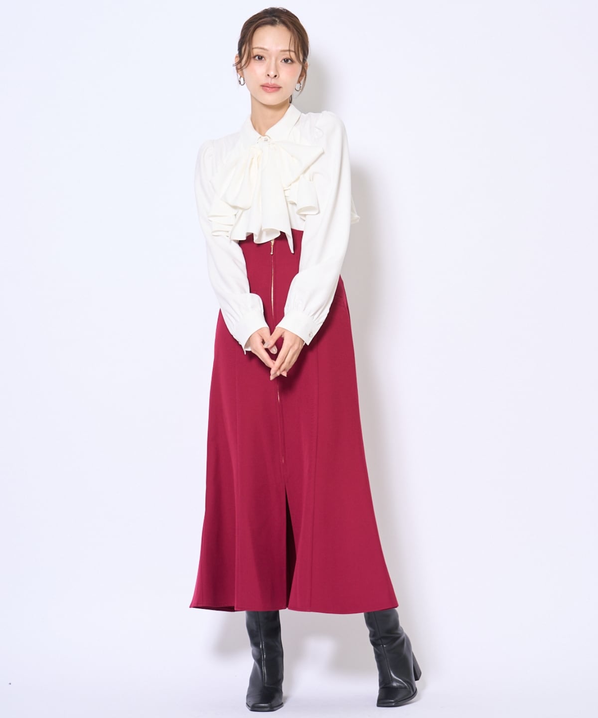 ビジューボタンフリルケープ長袖ブラウス