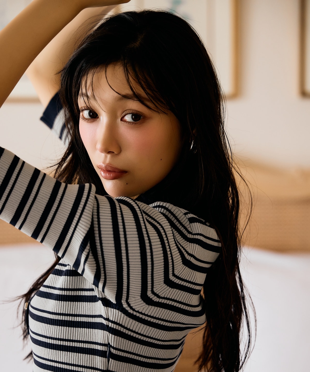 襟付きボーダードッキングワンピース