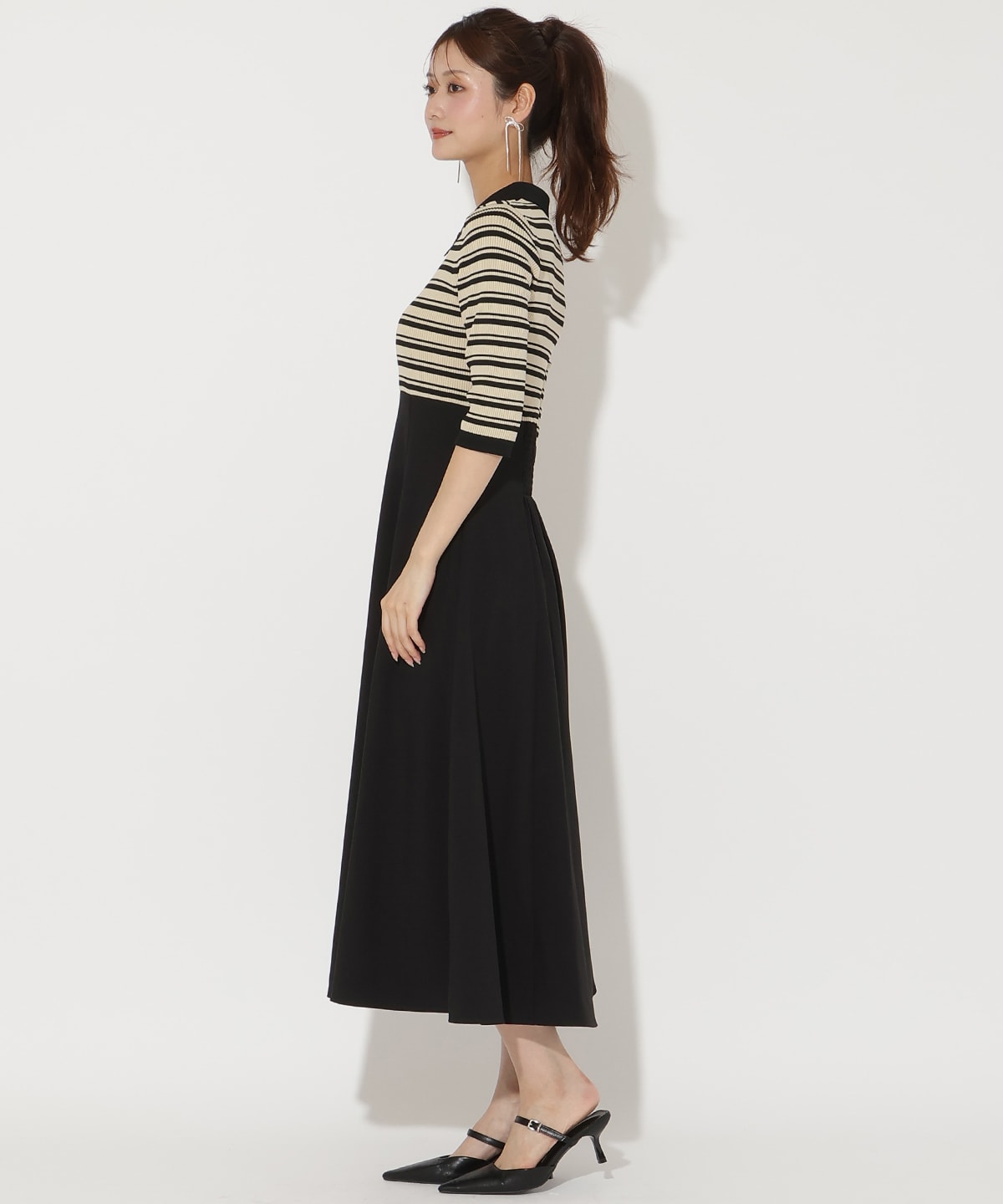 襟付きボーダードッキングワンピース