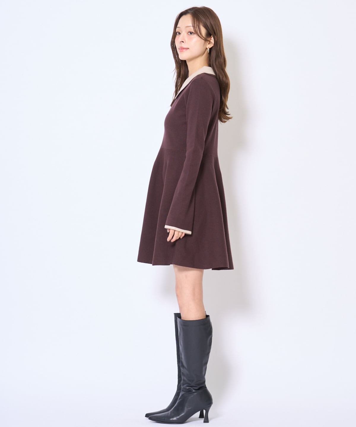 バイカラーポロニットフレアミニワンピース