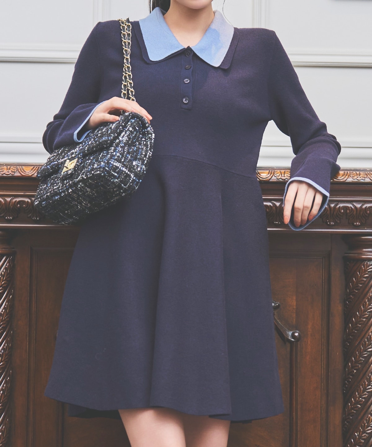 バイカラーポロニットフレアミニワンピース