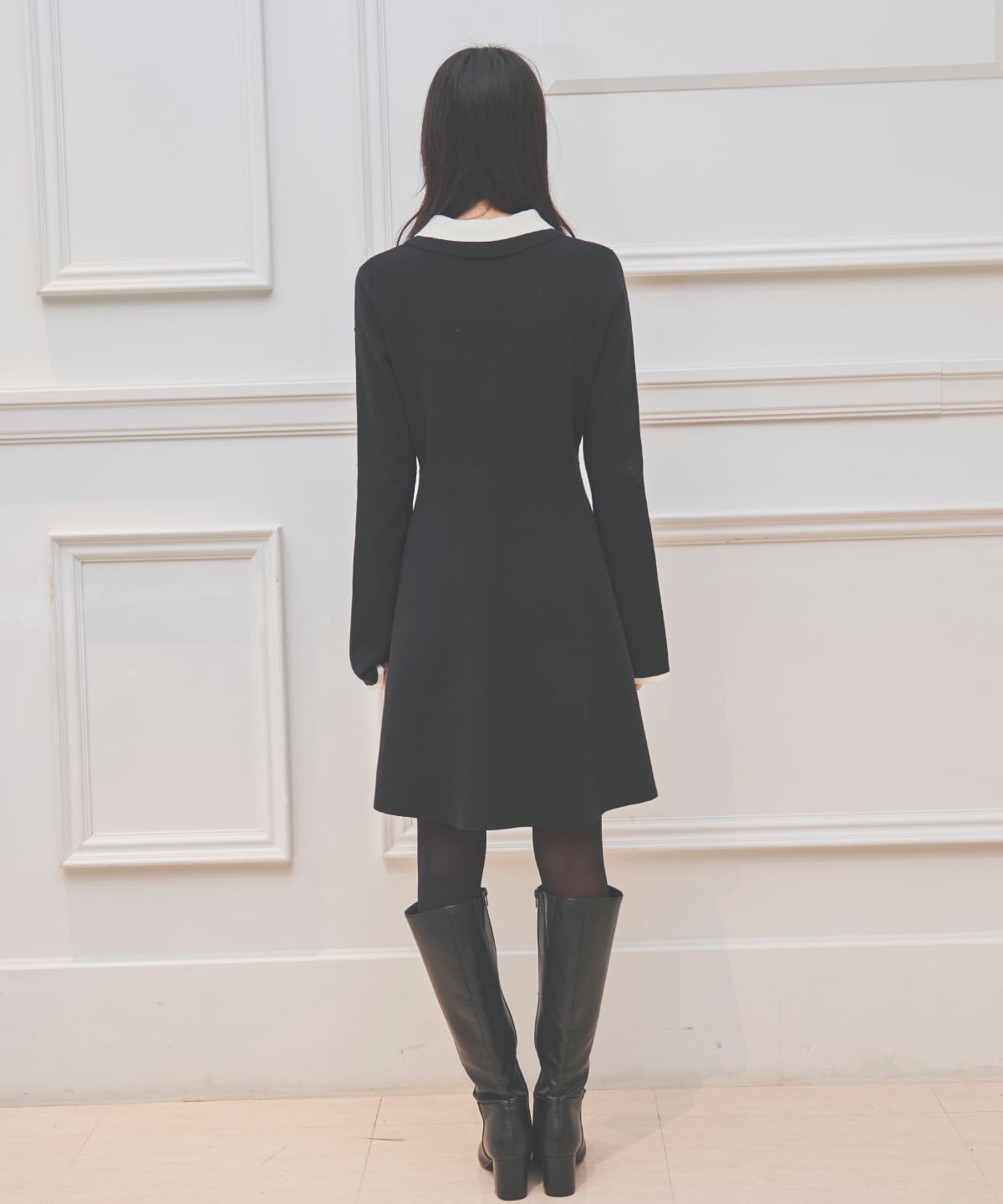 バイカラーポロニットフレアミニワンピース