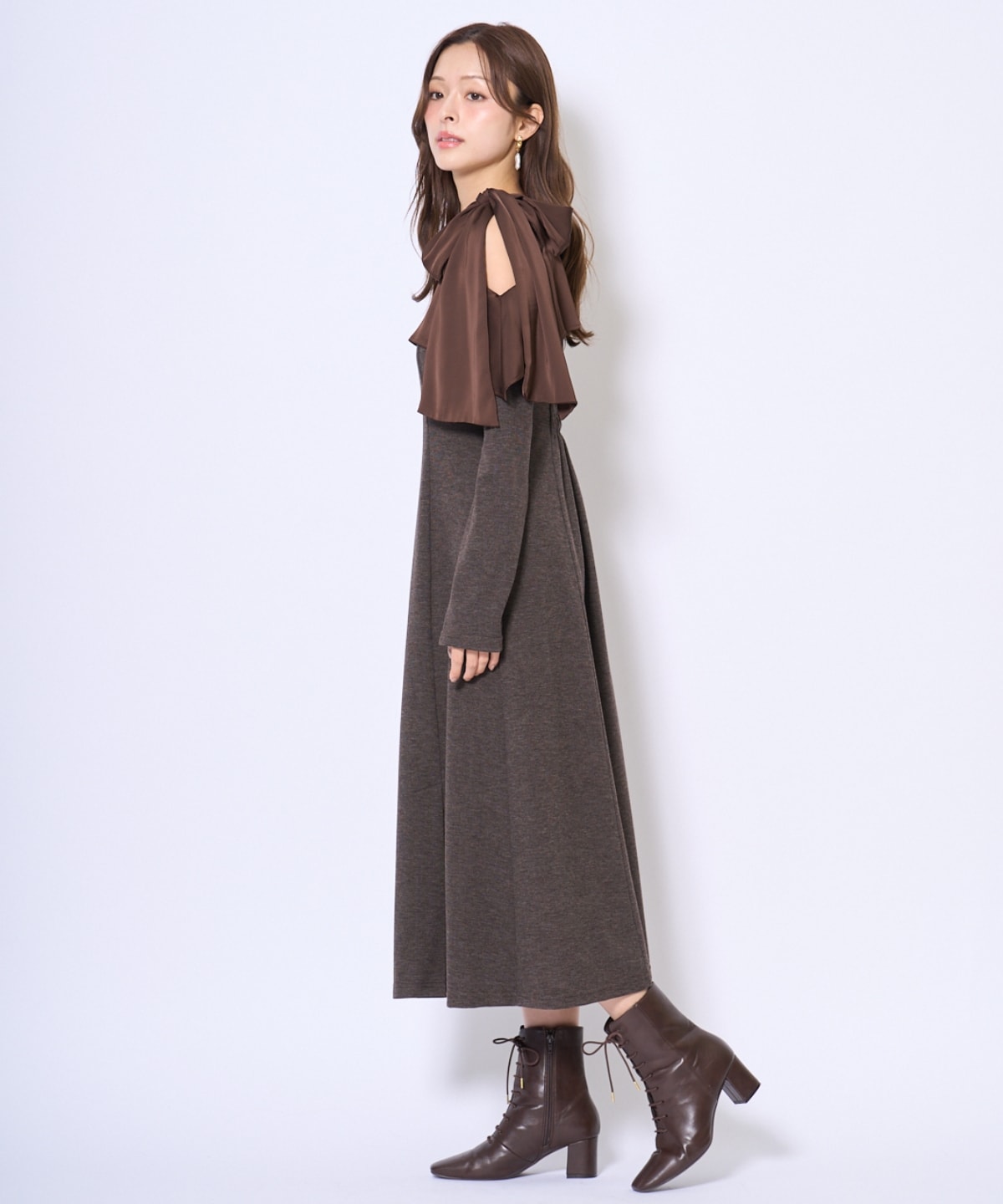 ショルダーリボンカットソーワンピース