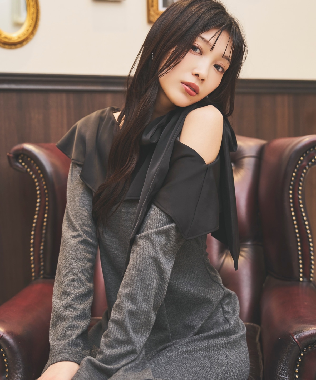 ショルダーリボンカットソーワンピース