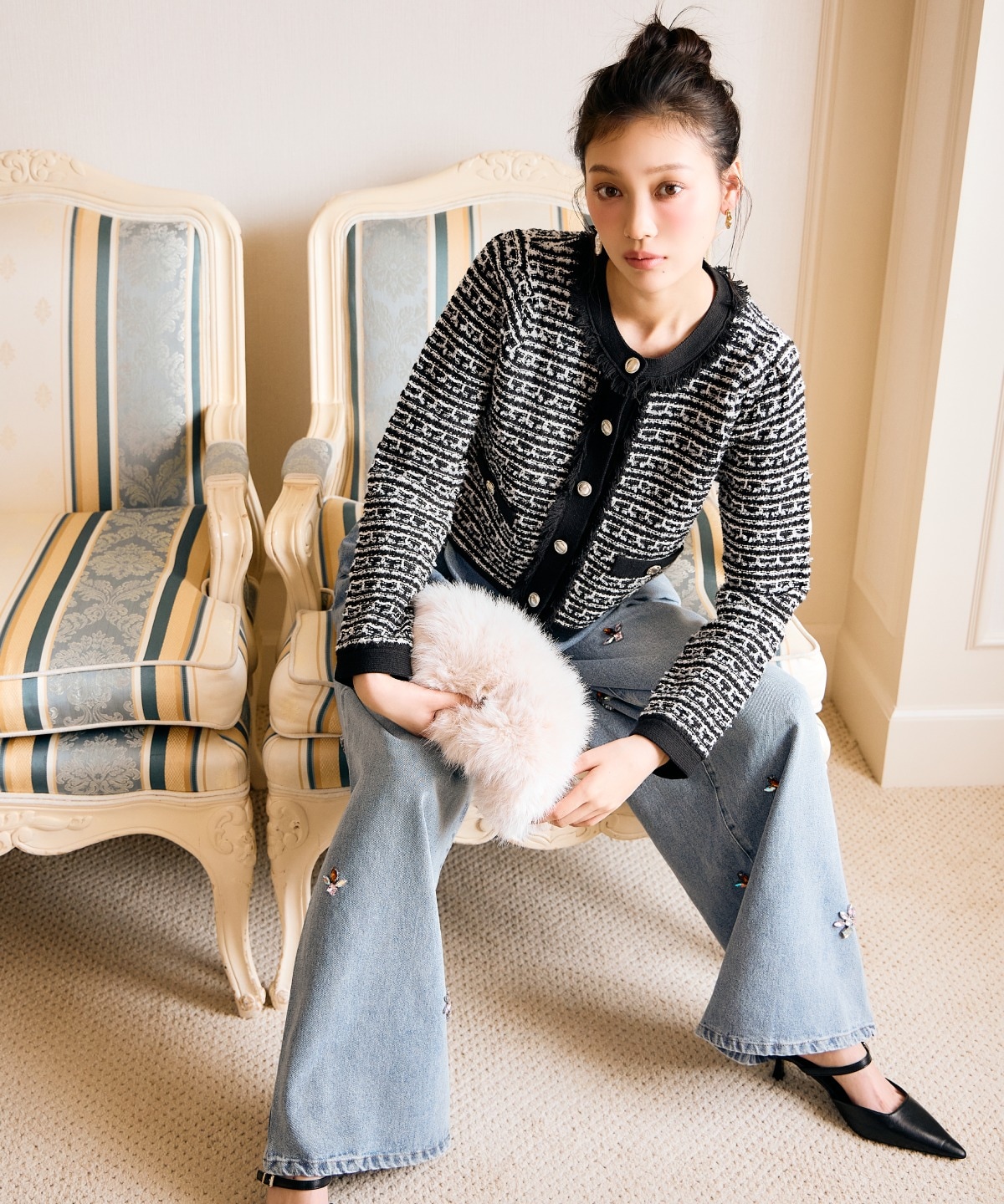 ツイードライクニットカーディガン