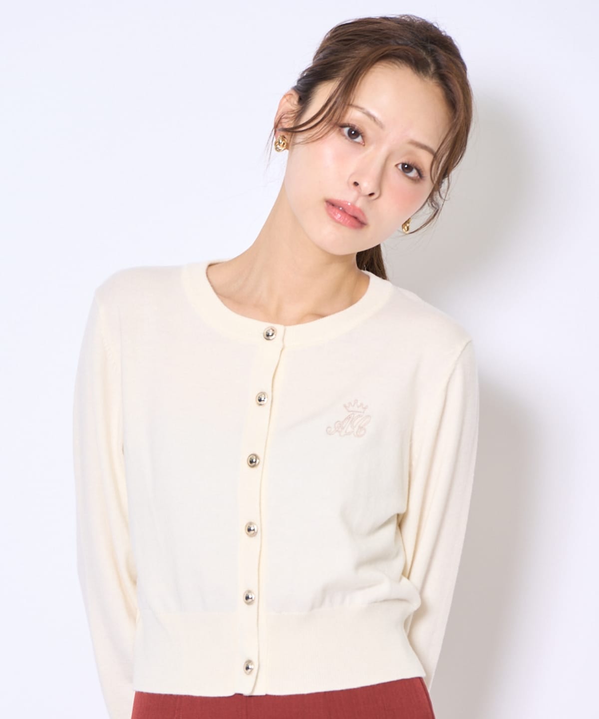 刺繍クルーネック長袖カーディガン